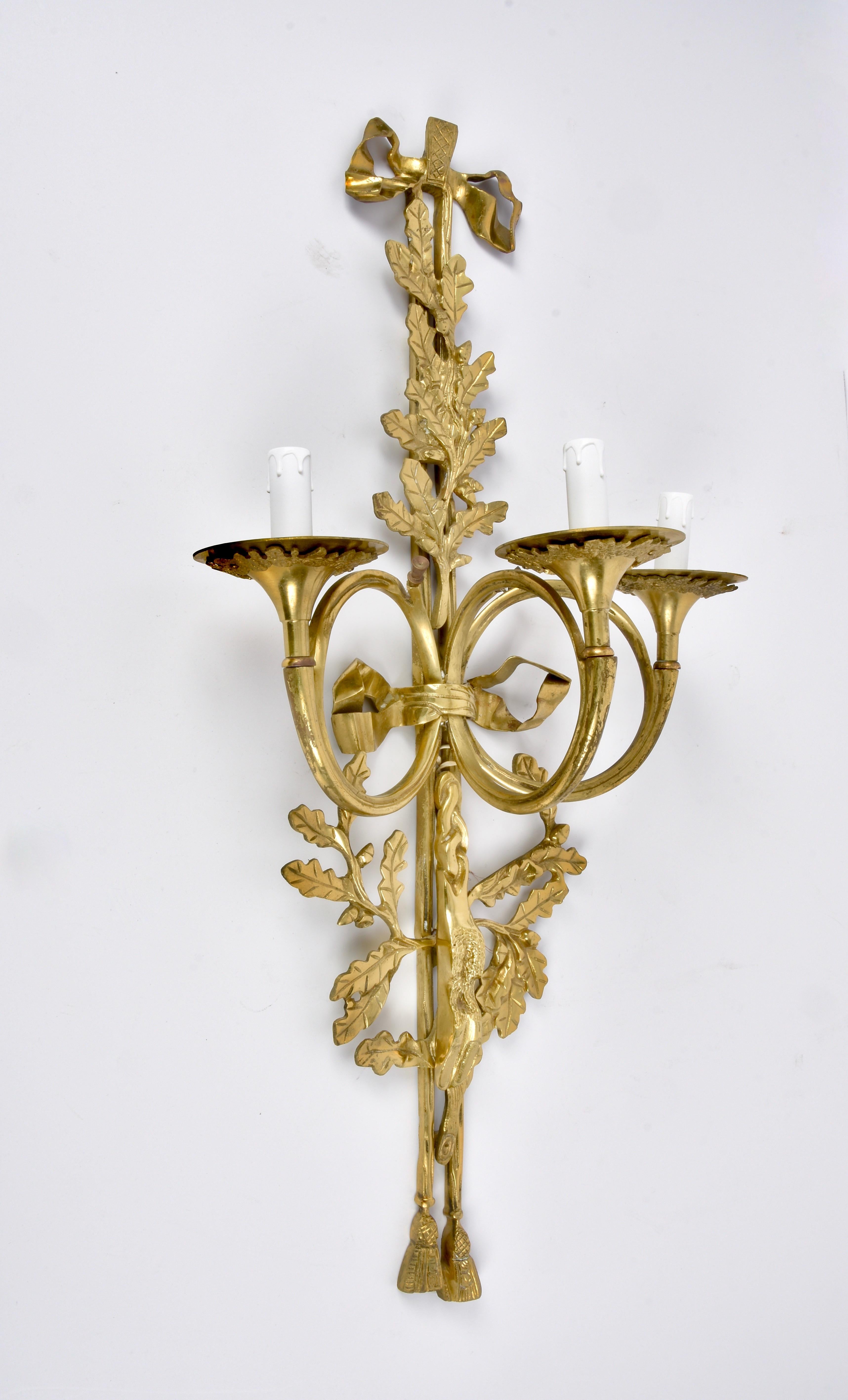 Pair of Neoclassical Solid Brass Three-Arm Trumpet French Wall Sconces, 1930s 8