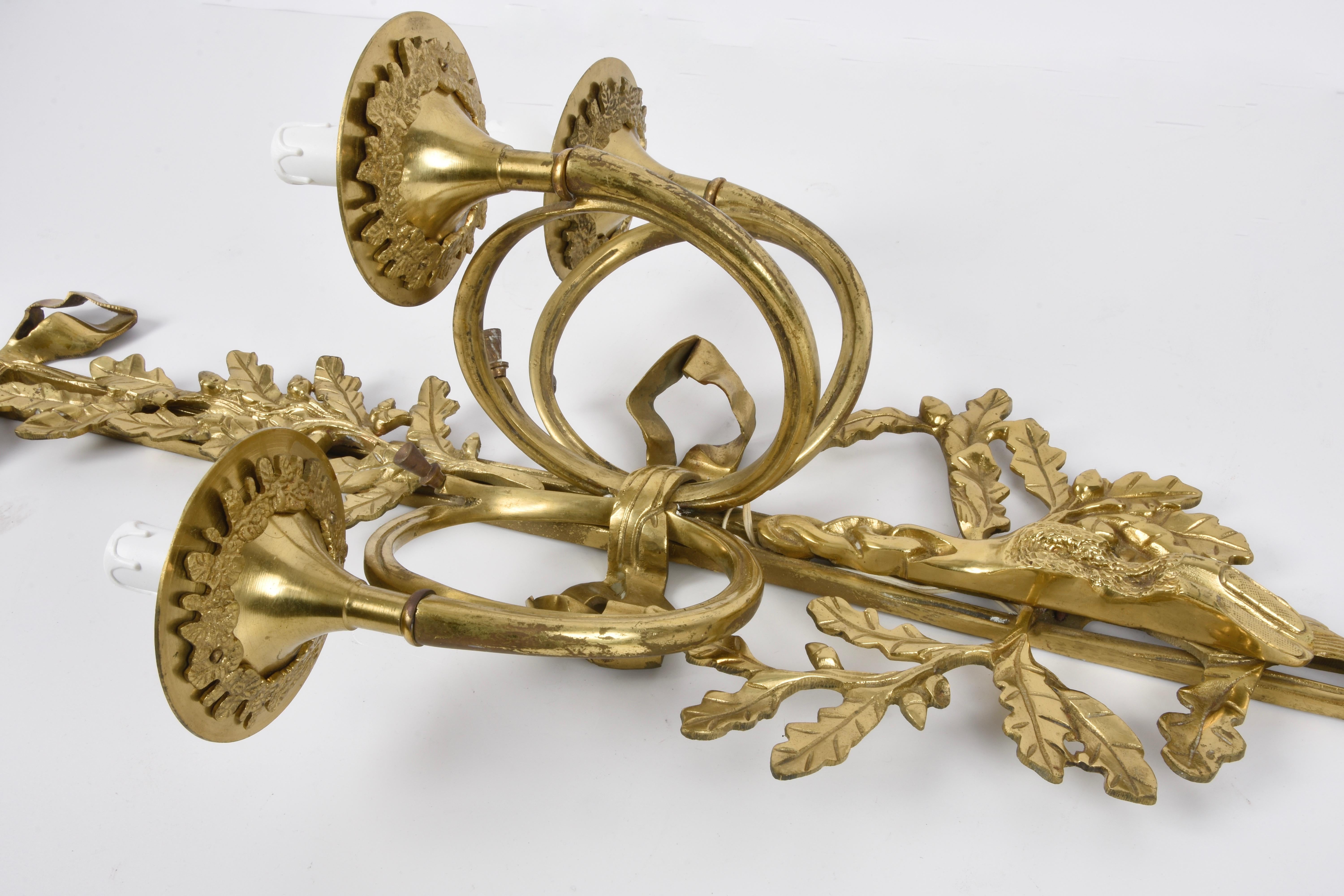 Pair of Neoclassical Solid Brass Three-Arm Trumpet French Wall Sconces, 1930s 9