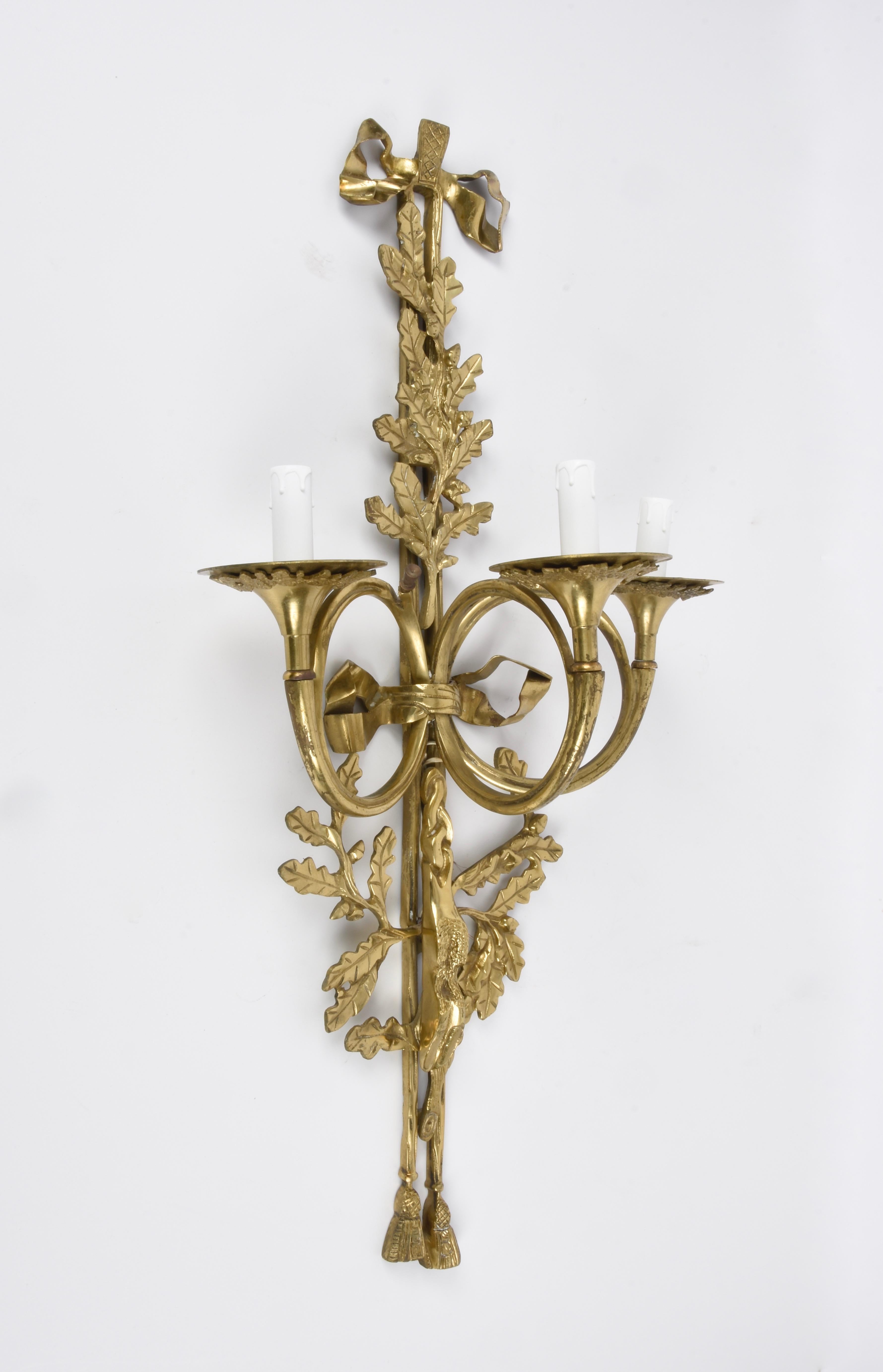 Pair of Neoclassical Solid Brass Three-Arm Trumpet French Wall Sconces, 1930s 4