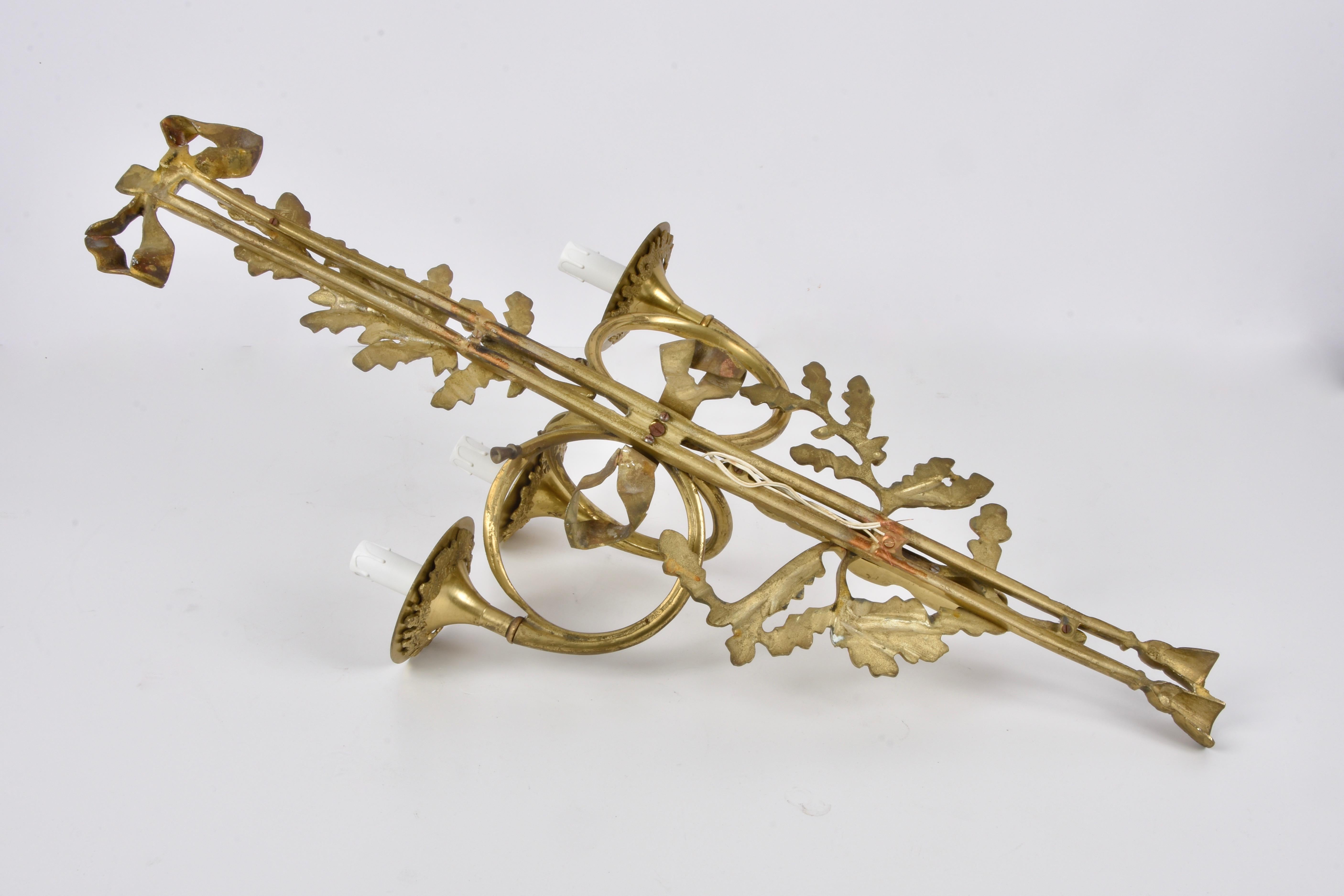 Pair of Neoclassical Solid Brass Three-Arm Trumpet French Wall Sconces, 1930s 5