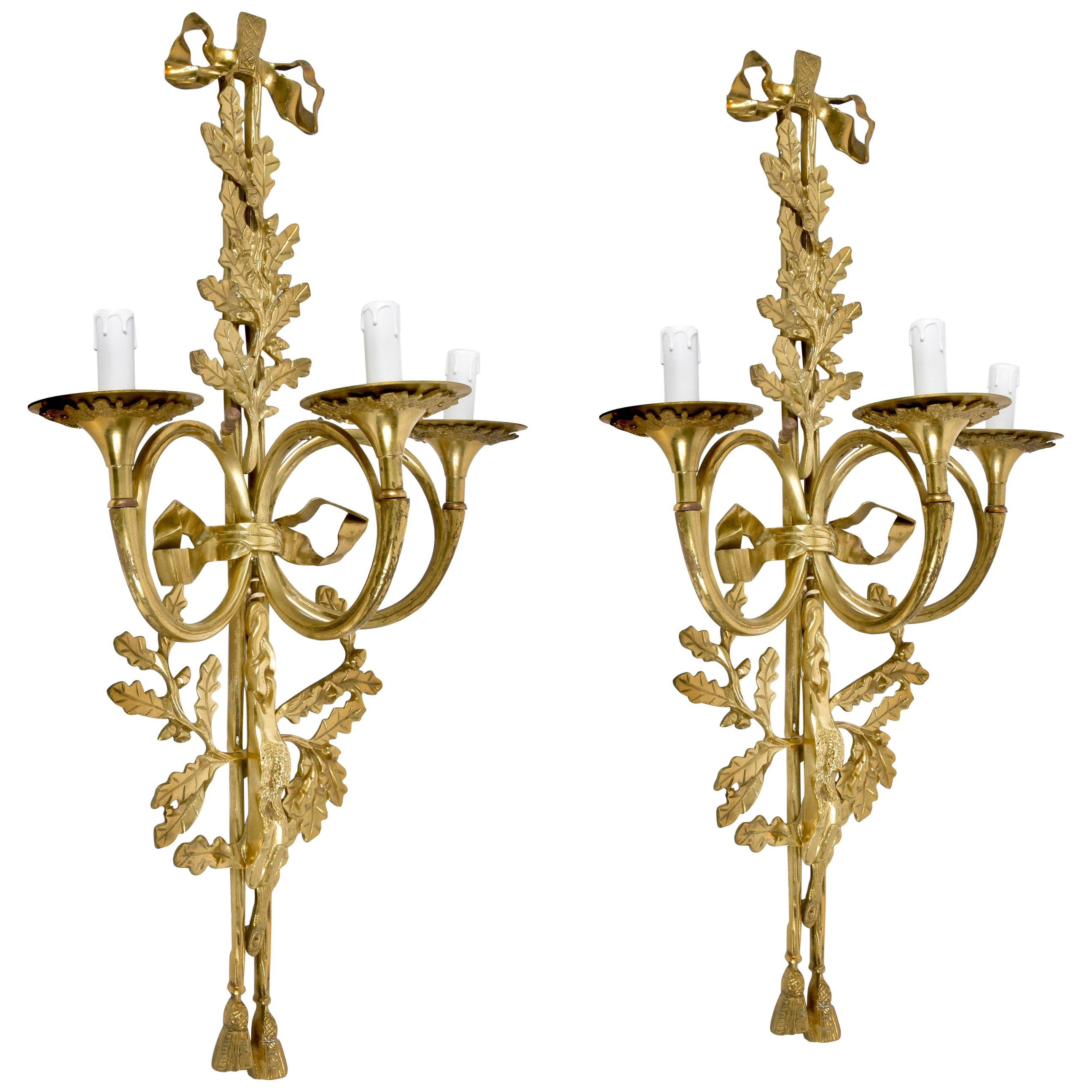 Pair of Neoclassical Solid Brass Three-Arm Trumpet French Wall Sconces, 1930s