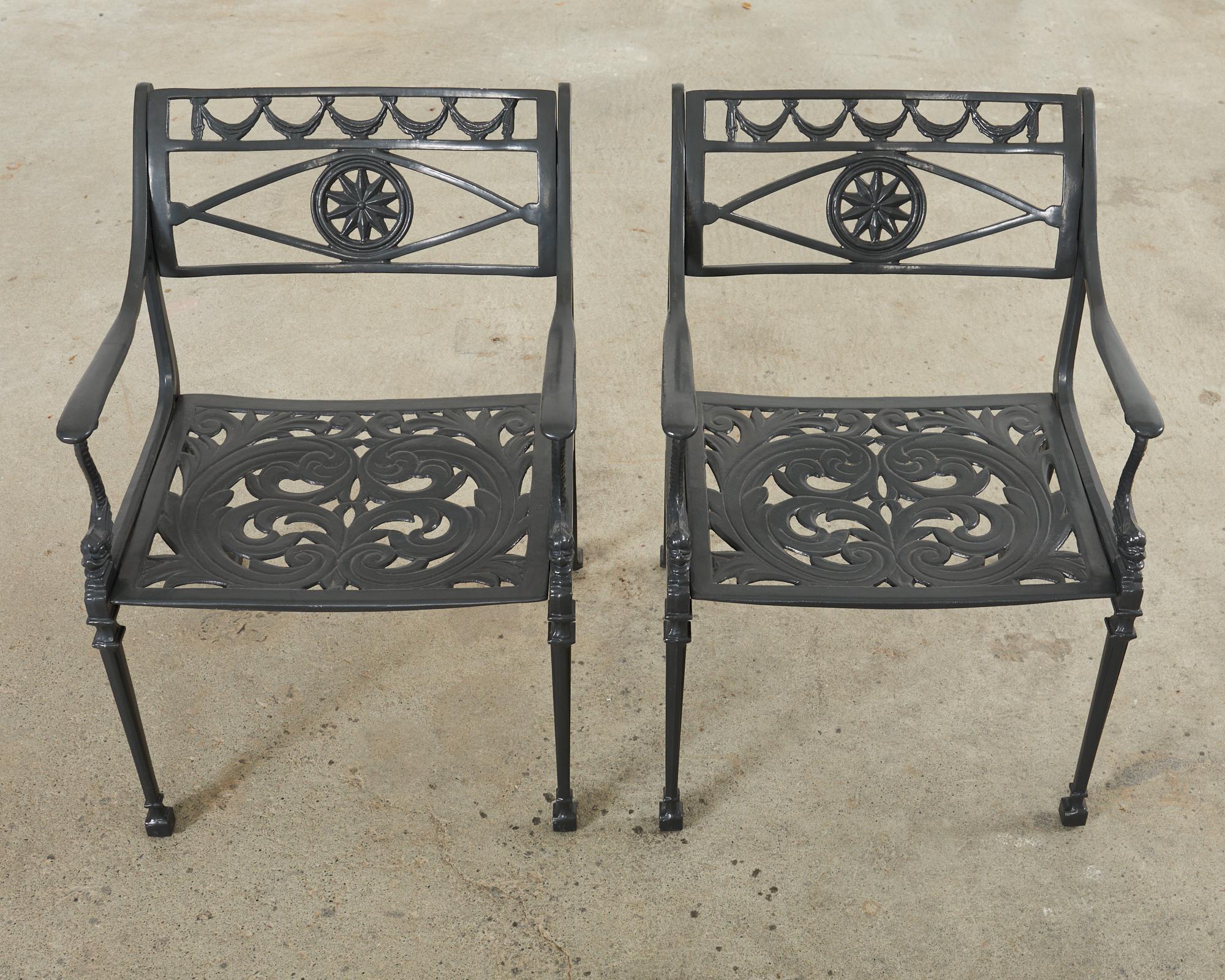 Cast Pair of Neoclassical Star and Dolphin Garden Dining Armchairs For Sale