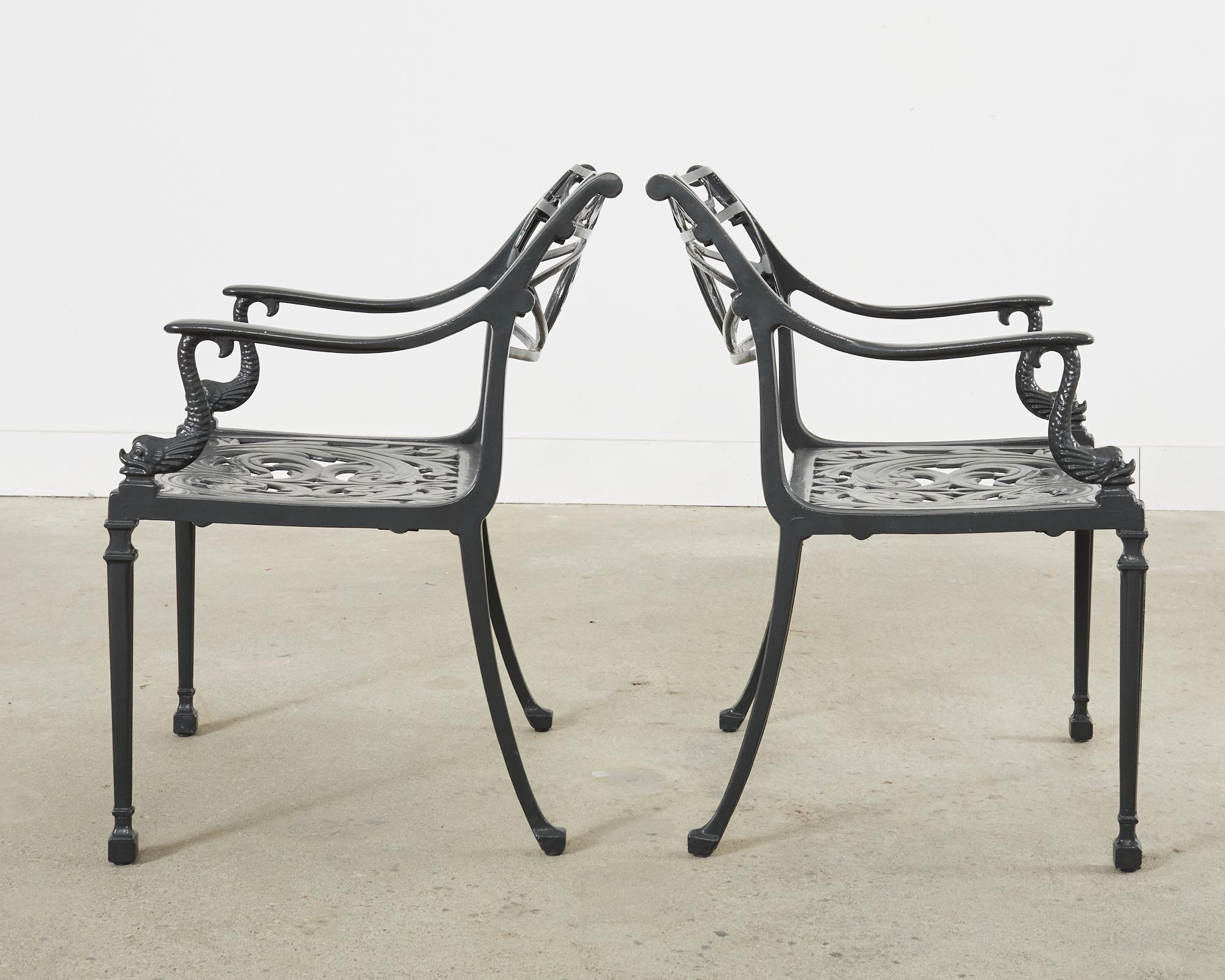 Contemporary Pair of Neoclassical Star and Dolphin Garden Dining Armchairs For Sale