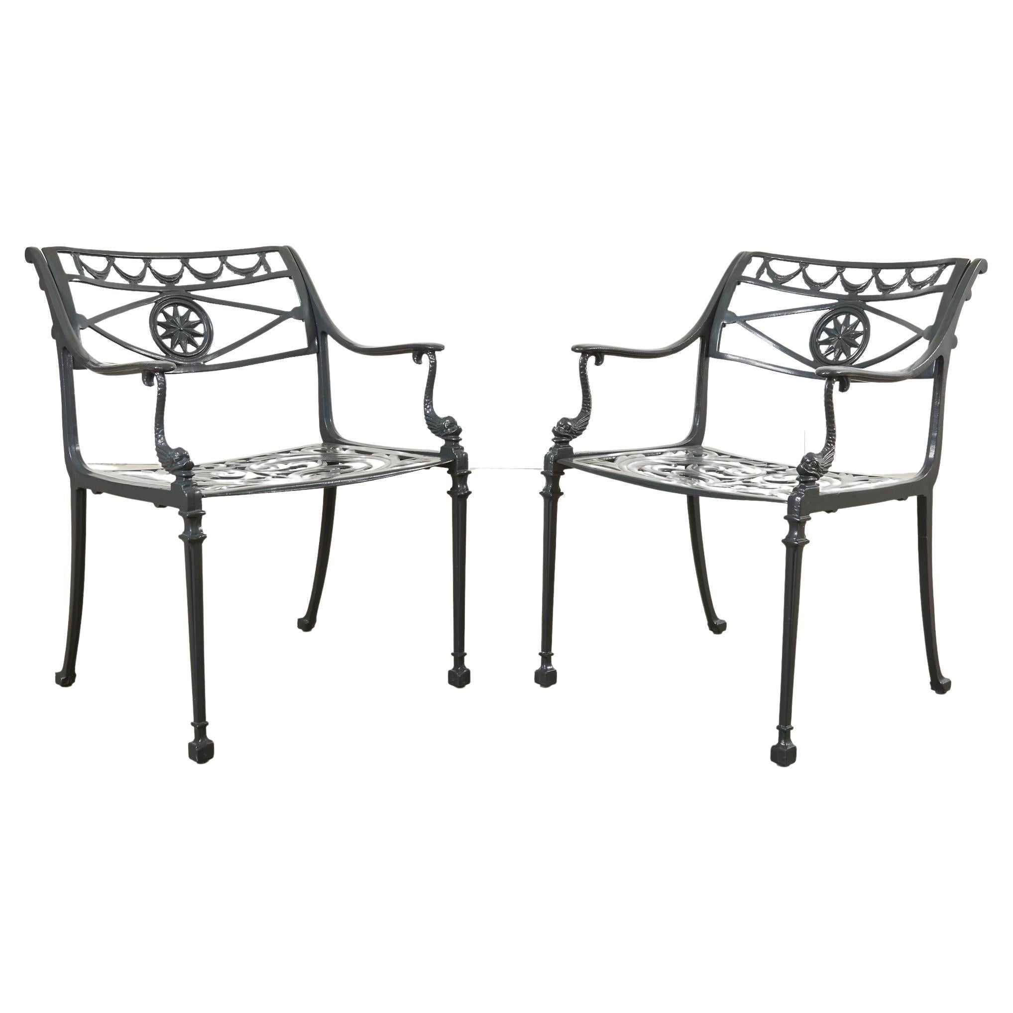 Pair of Neoclassical Star and Dolphin Garden Dining Armchairs For Sale