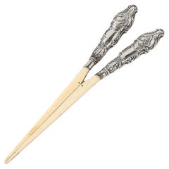 Antique Pair of Neoclassical Sterling Silver & Bone Tongs