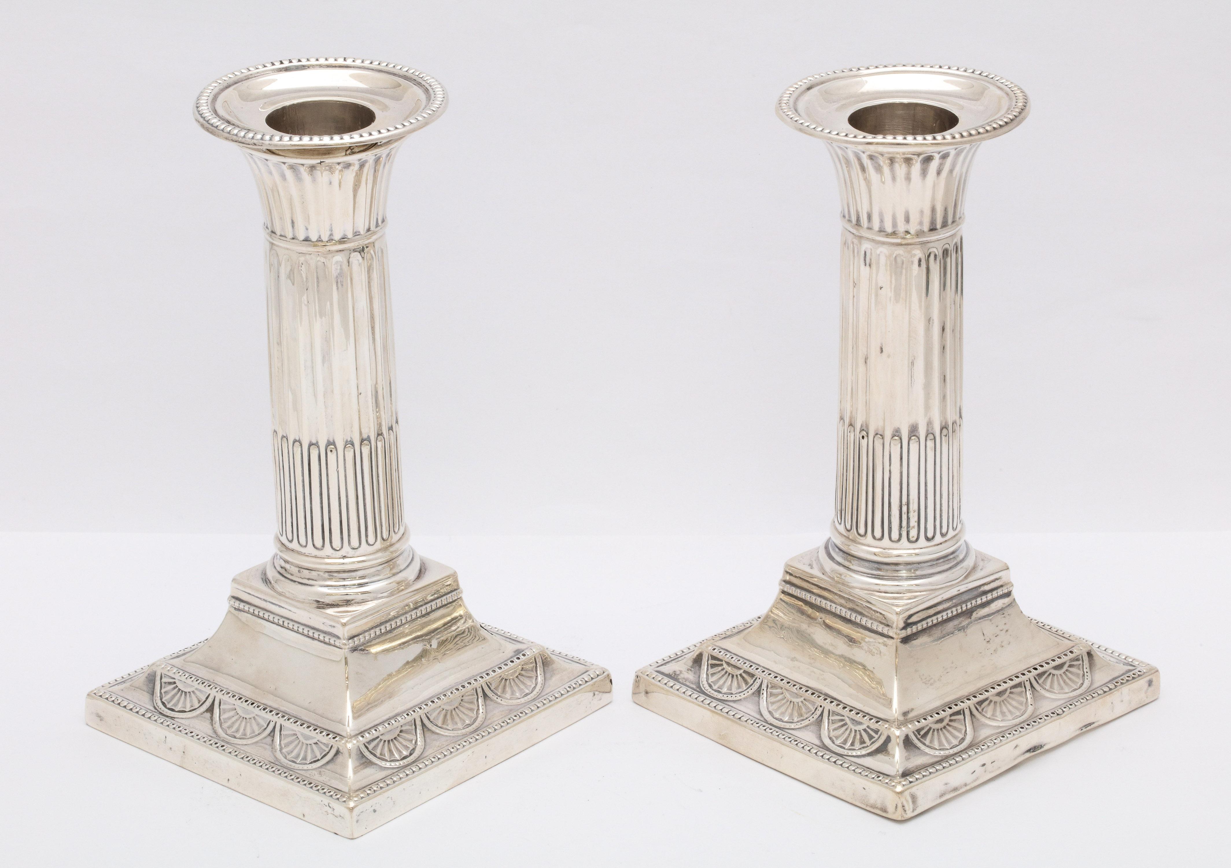 Pair of Neoclassical Sterling Silver Column-Form Candlesticks, Hutton and Sons 2
