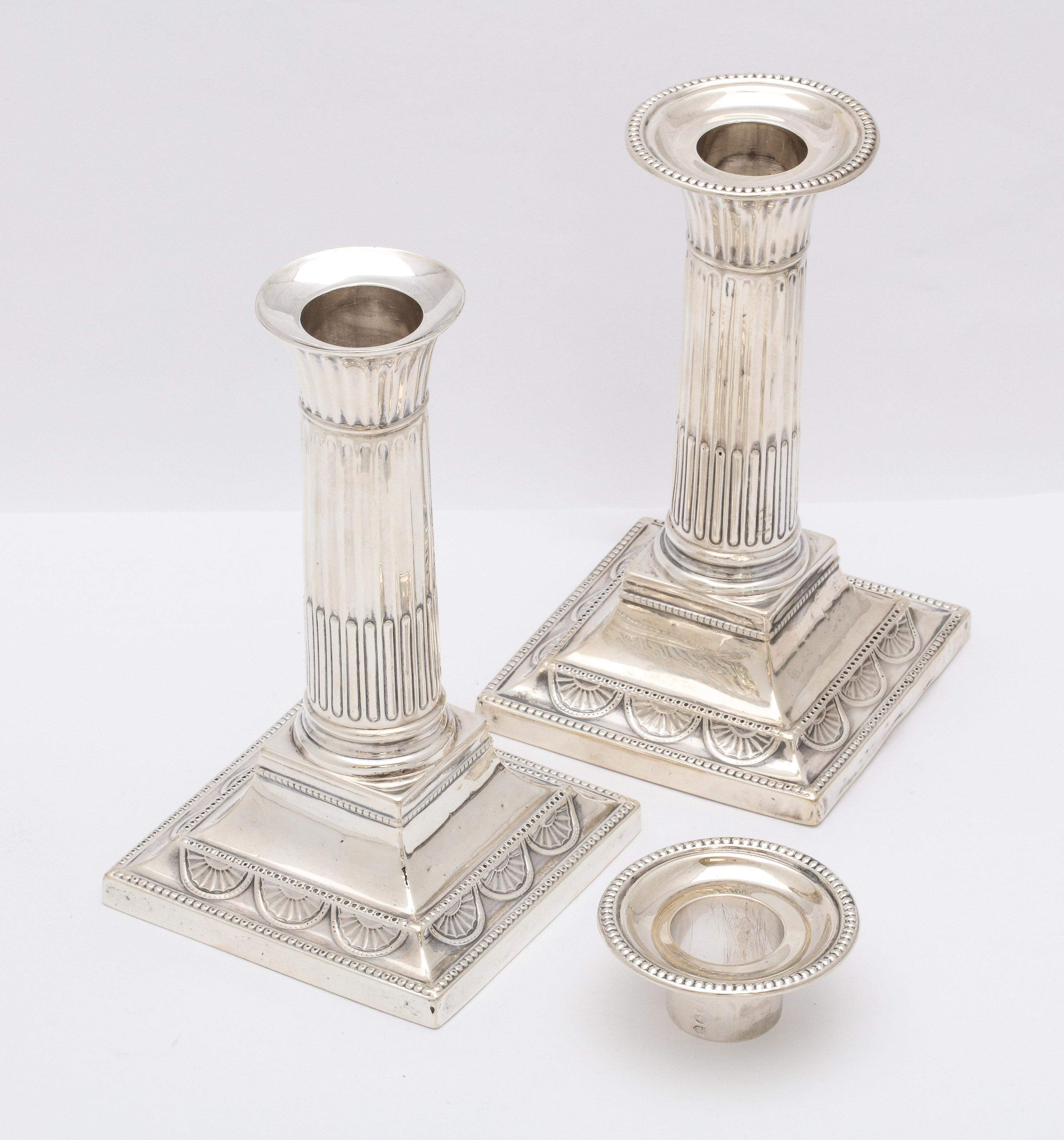 Pair of Neoclassical Sterling Silver Column-Form Candlesticks, Hutton and Sons 4
