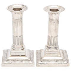 Pair of Neoclassical Sterling Silver Column-Form Candlesticks, Hutton and Sons