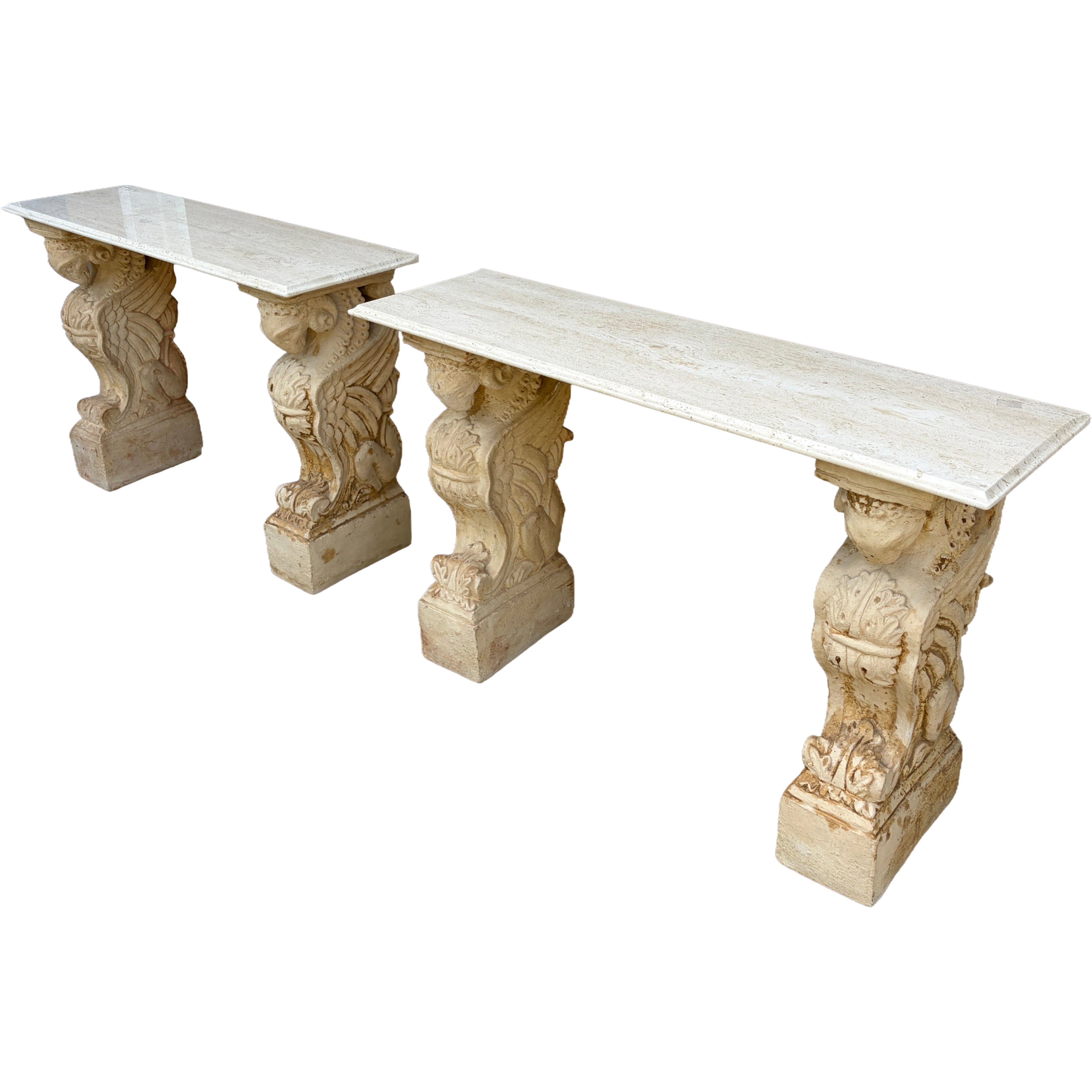 Pair of Neoclassical Stone Console Tables with Winged Mythological Stone Bases