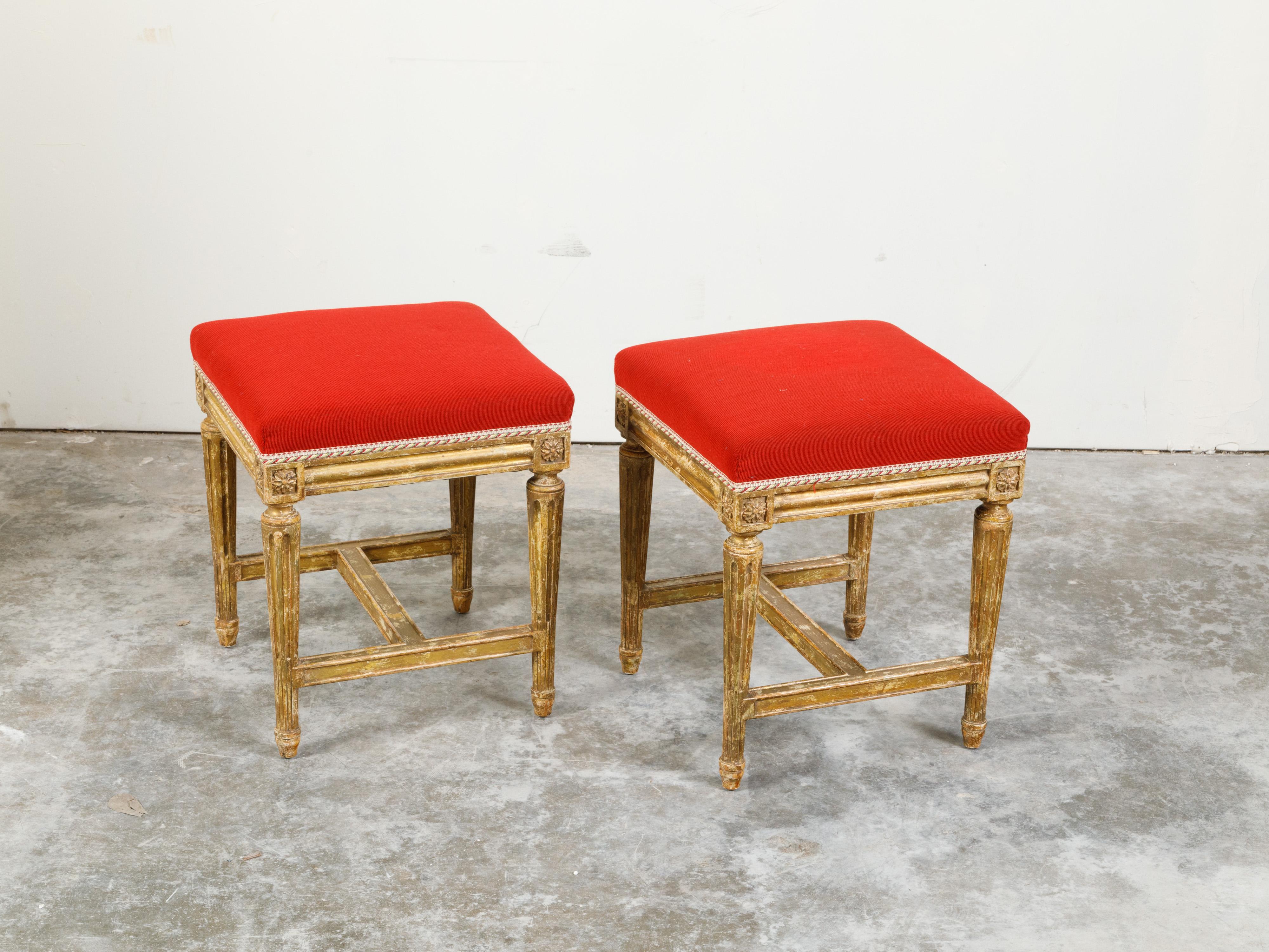 Carved Pair of Neoclassical Style 19th Century Painted Stools with Red Upholstery For Sale