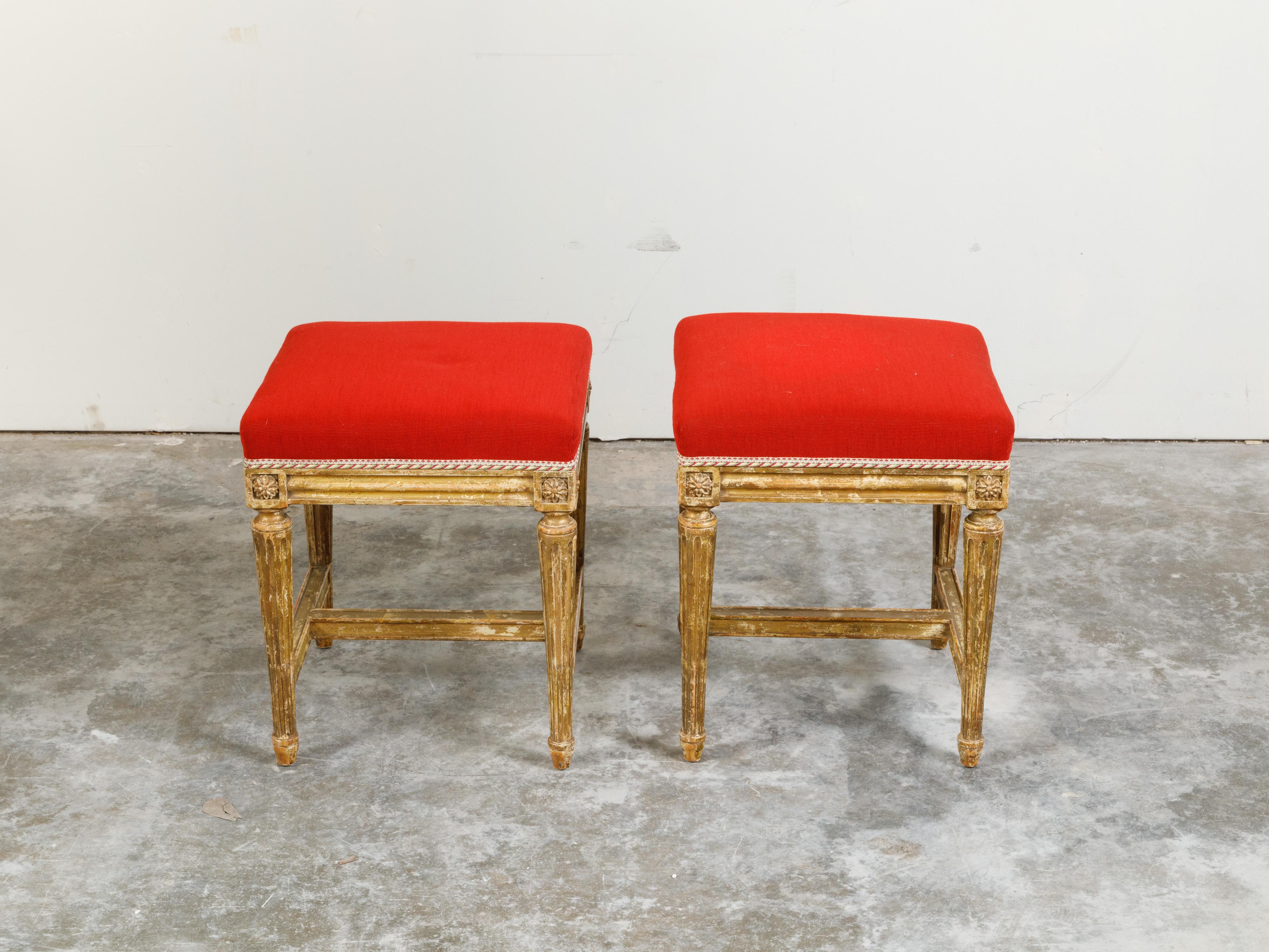 Pair of Neoclassical Style 19th Century Painted Stools with Red Upholstery In Good Condition For Sale In Atlanta, GA