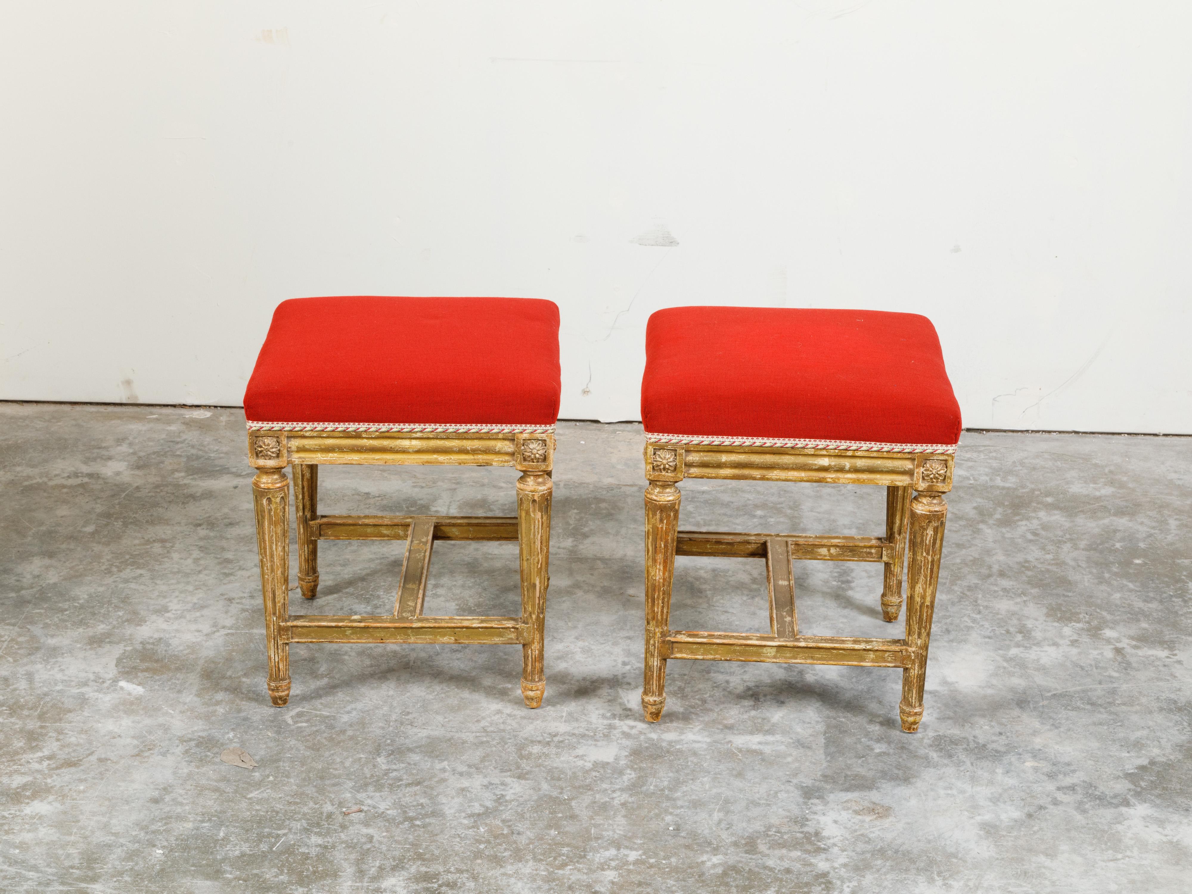 Fabric Pair of Neoclassical Style 19th Century Painted Stools with Red Upholstery For Sale