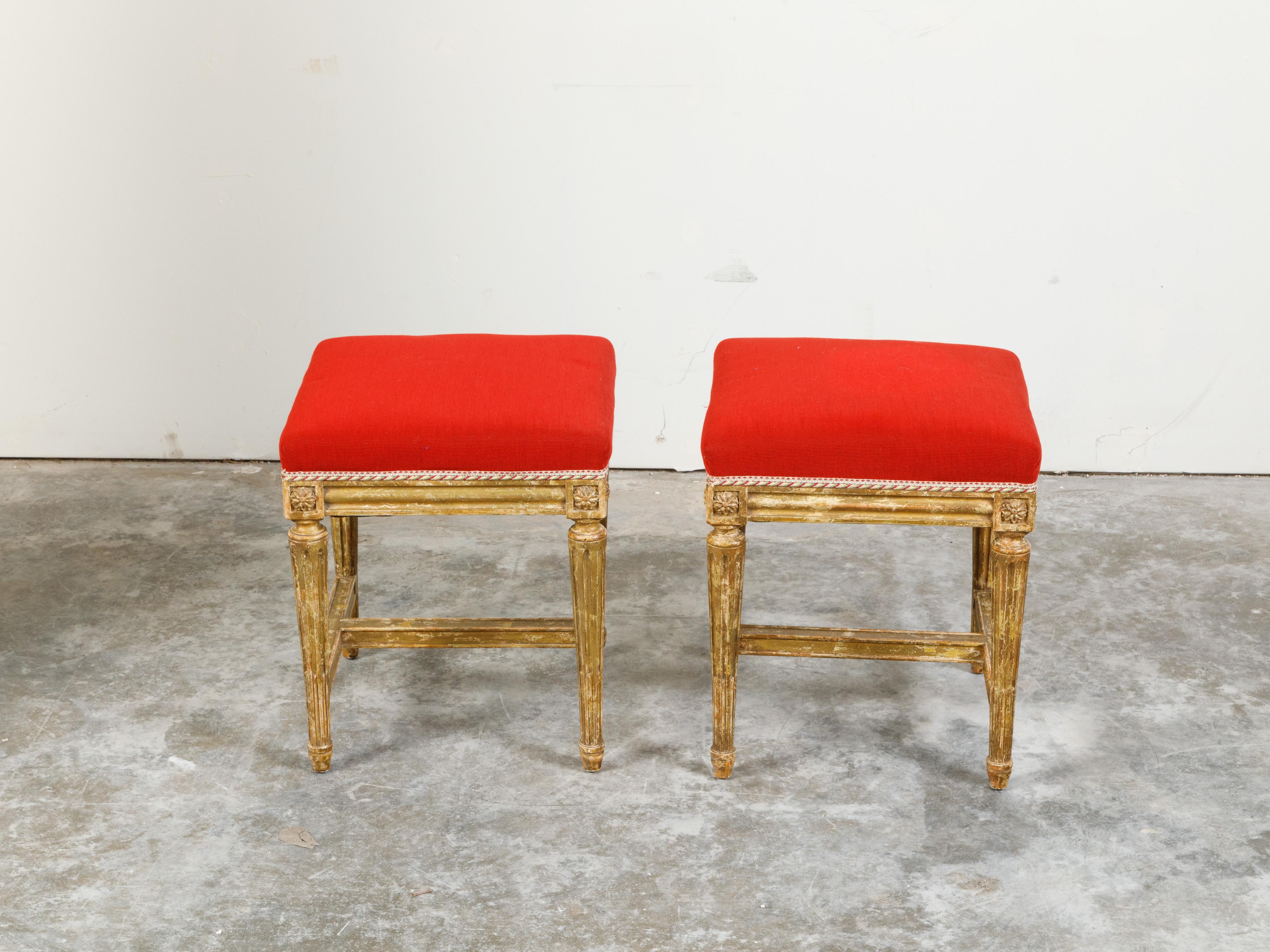 Pair of Neoclassical Style 19th Century Painted Stools with Red Upholstery For Sale 1