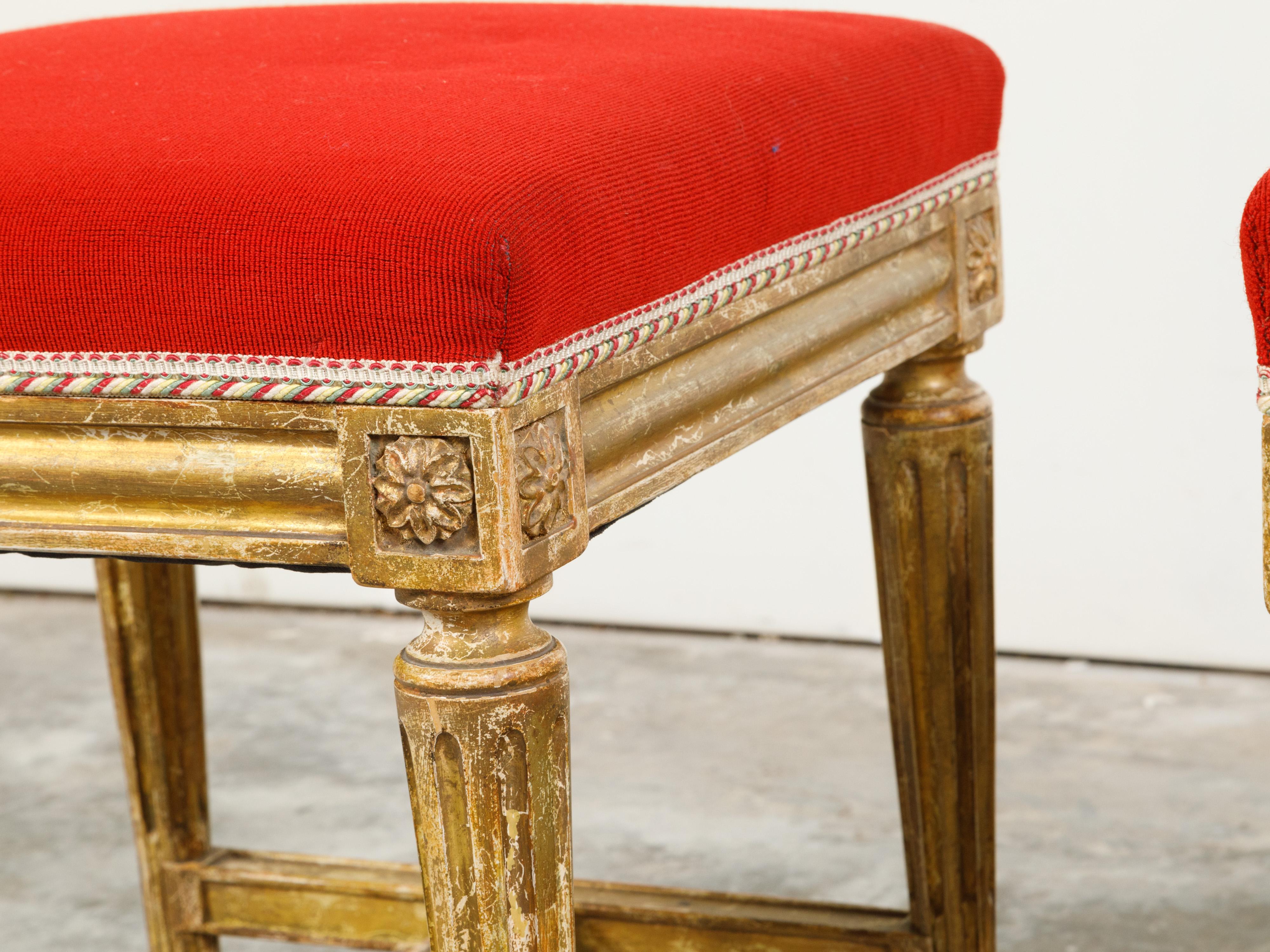 Pair of Neoclassical Style 19th Century Painted Stools with Red Upholstery For Sale 3