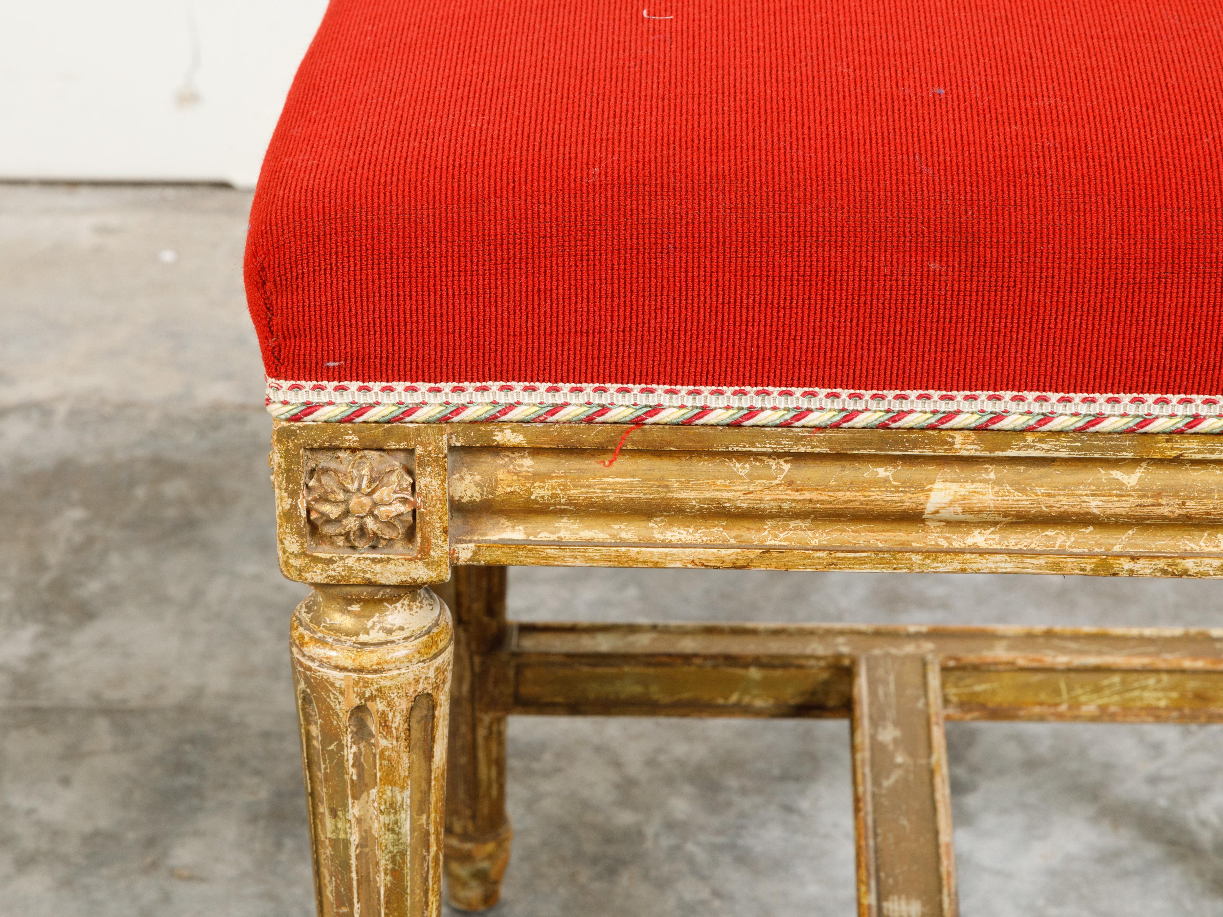 Pair of Neoclassical Style 19th Century Painted Stools with Red Upholstery For Sale 4
