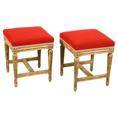 Antique Pair of Neoclassical Style 19th Century Painted Stools with Red Upholstery