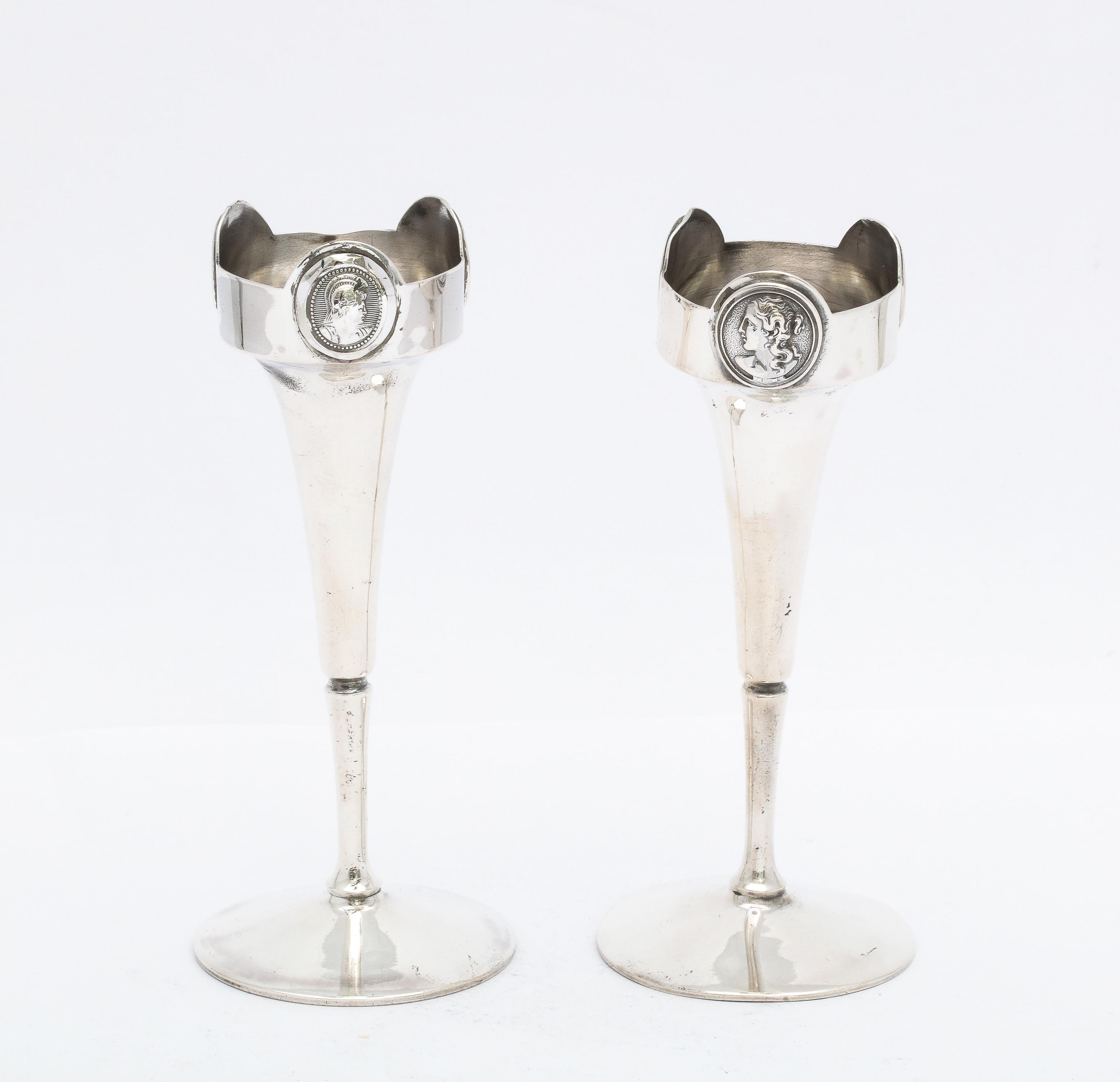 Late 19th Century Pair of Neoclassical Style American Coin Silver Medallion Bud Vases By Gorham
