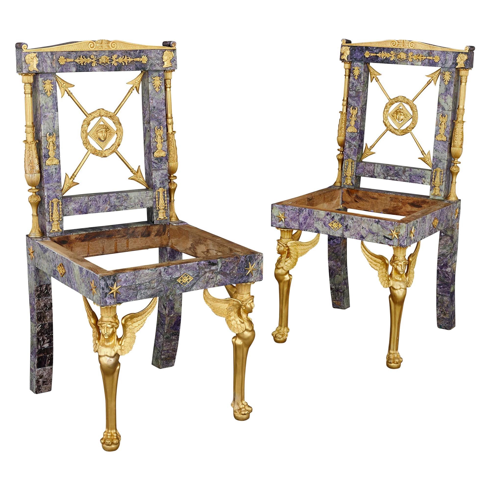 Pair of Neoclassical Style Amethyst and Gilt Bronze Chairs