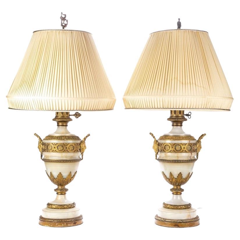 Pair of Neoclassical Style Antique Dore Mounted Onyx Table Lamps