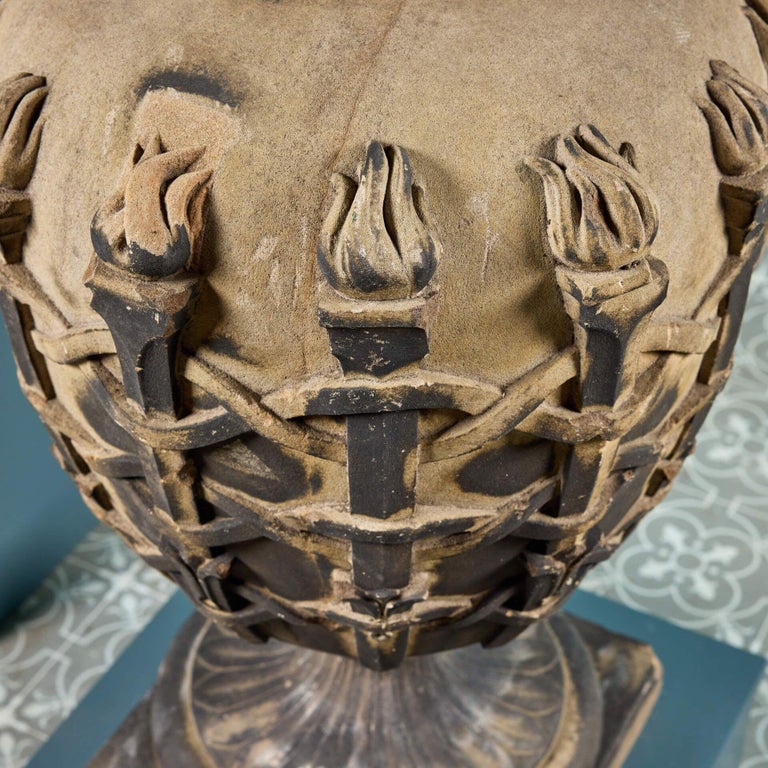 Pair of Neoclassical Style Antique Sandstone Garden Urns For Sale at