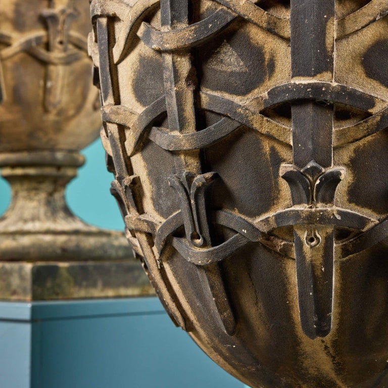 Pair of Neoclassical Style Antique Sandstone Garden Urns For Sale at