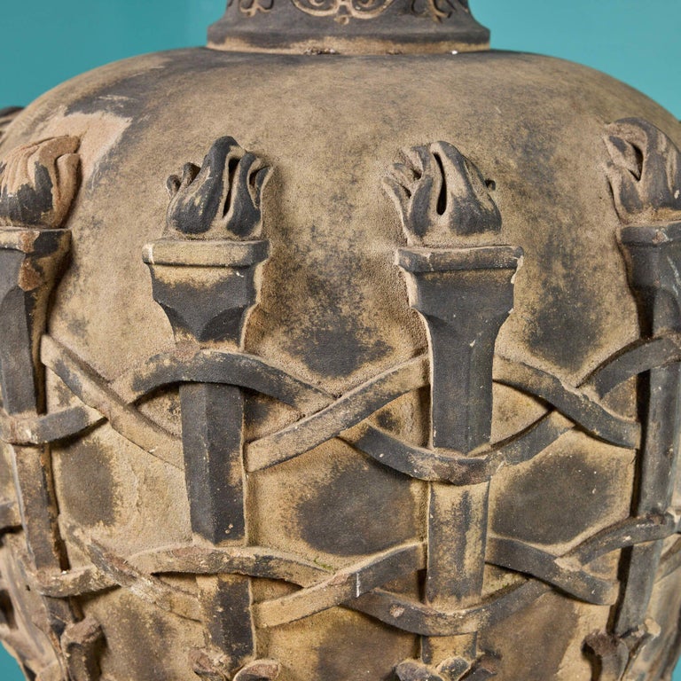 Pair of Neoclassical Style Antique Sandstone Garden Urns For Sale at