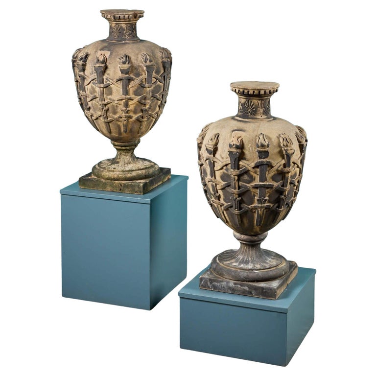 Pair of Neoclassical Style Antique Sandstone Garden Urns For Sale at