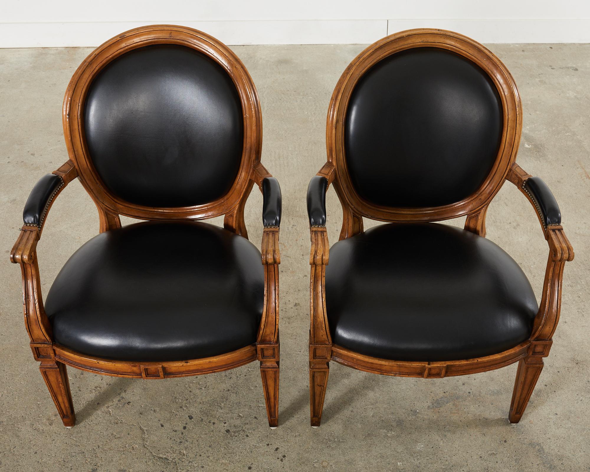 Pair of Neoclassical Style Black Leather Library Armchairs 3