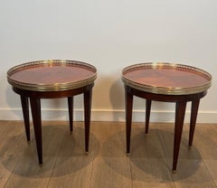 Pair of Neoclassical Style Bouillotte Tables, Wood and Brass Round Side Tables