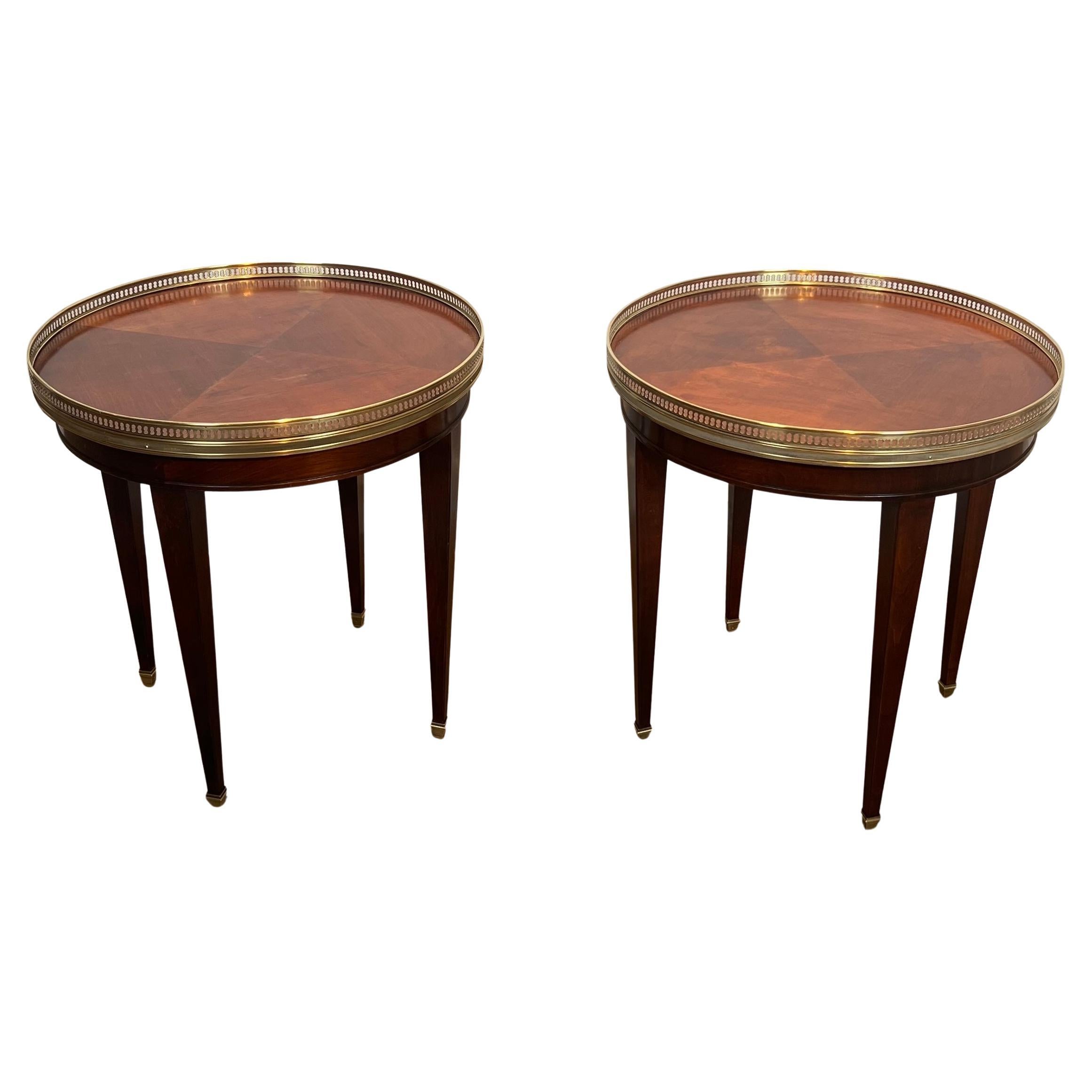 Pair of Neoclassical Style Bouillotte Tables, Wood and Brass Round Side Tables