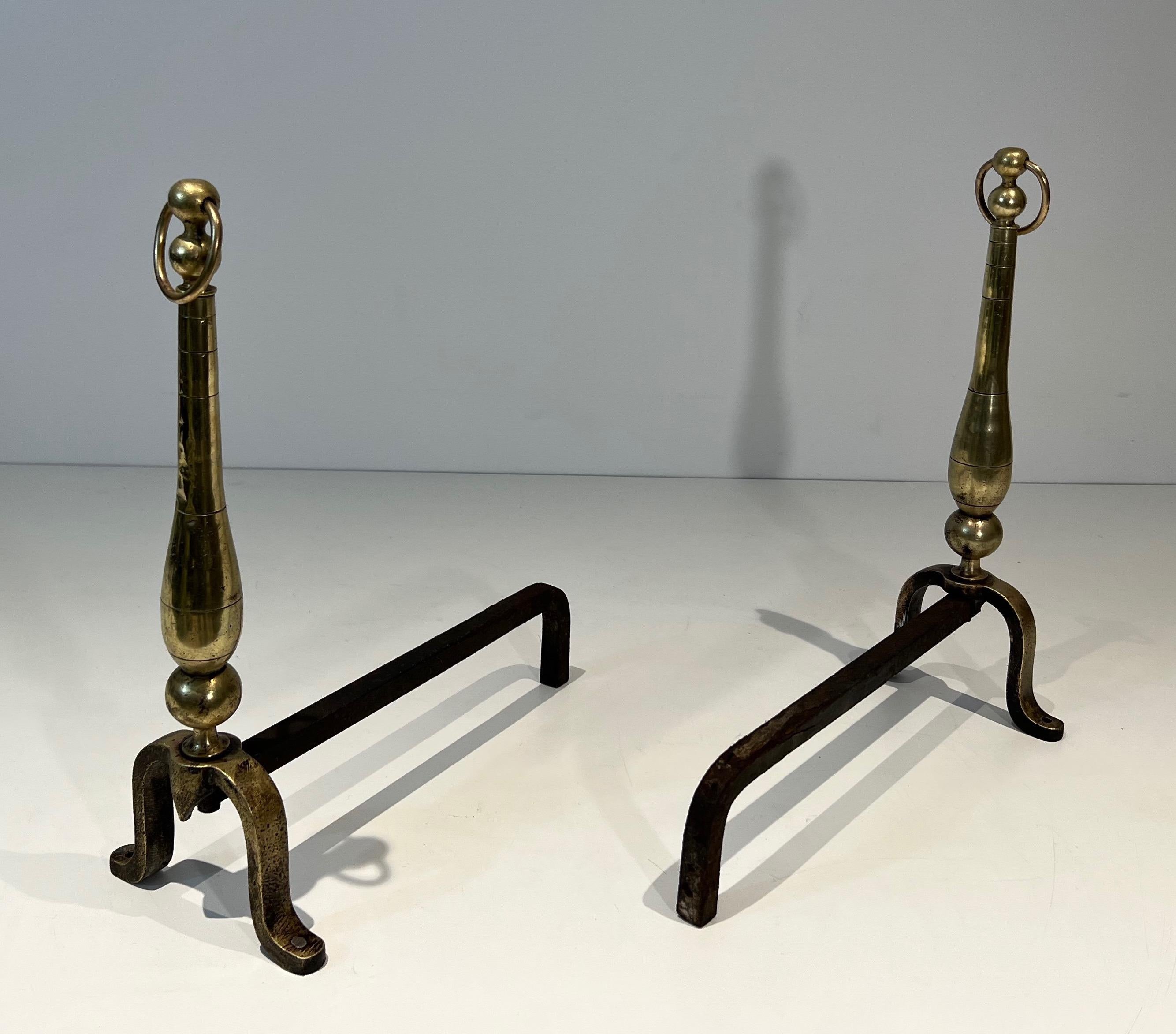 Pair of Neoclassical Style Brass and Iron Andirons For Sale 7