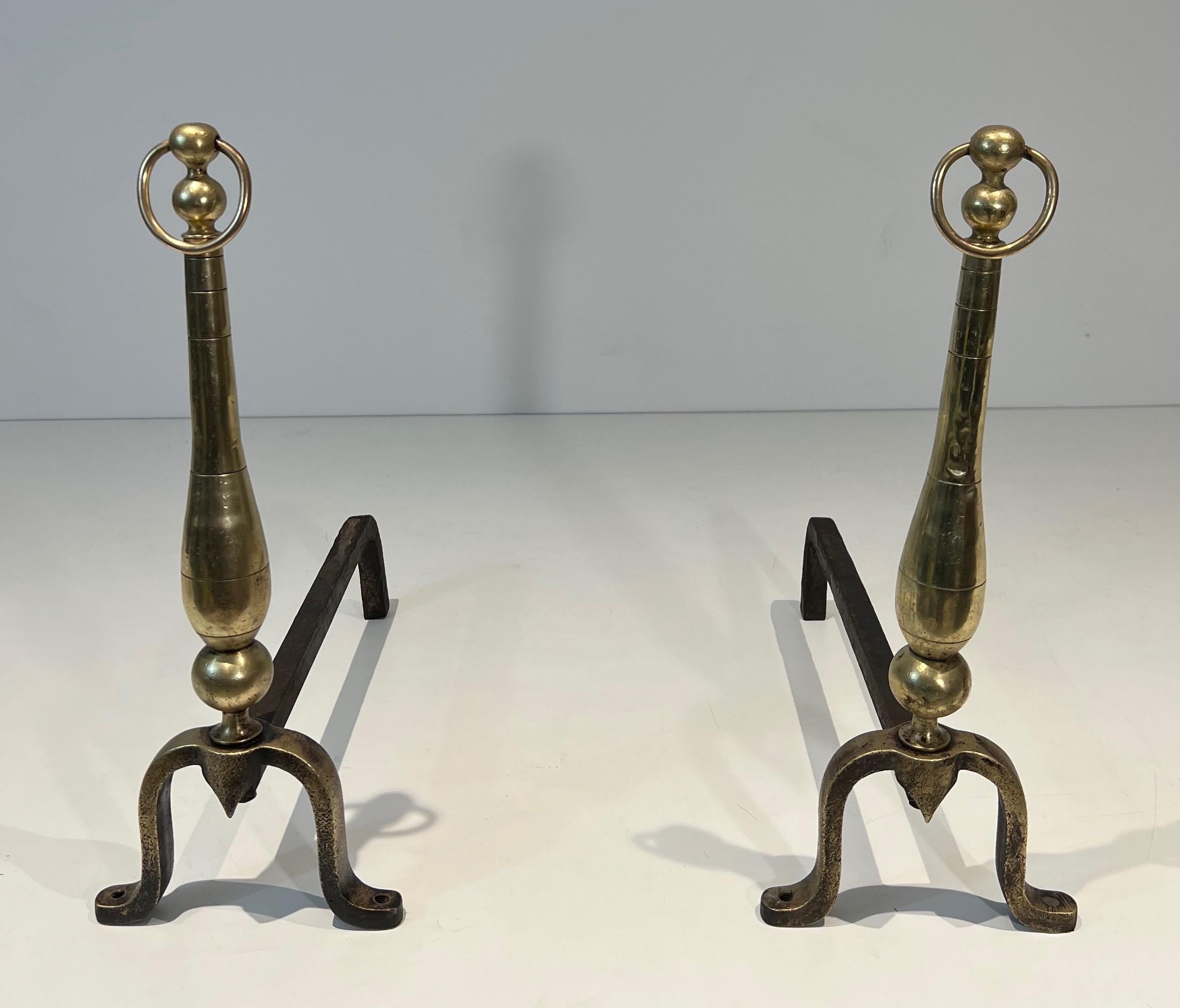 Pair of Neoclassical Style Brass and Iron Andirons For Sale 10