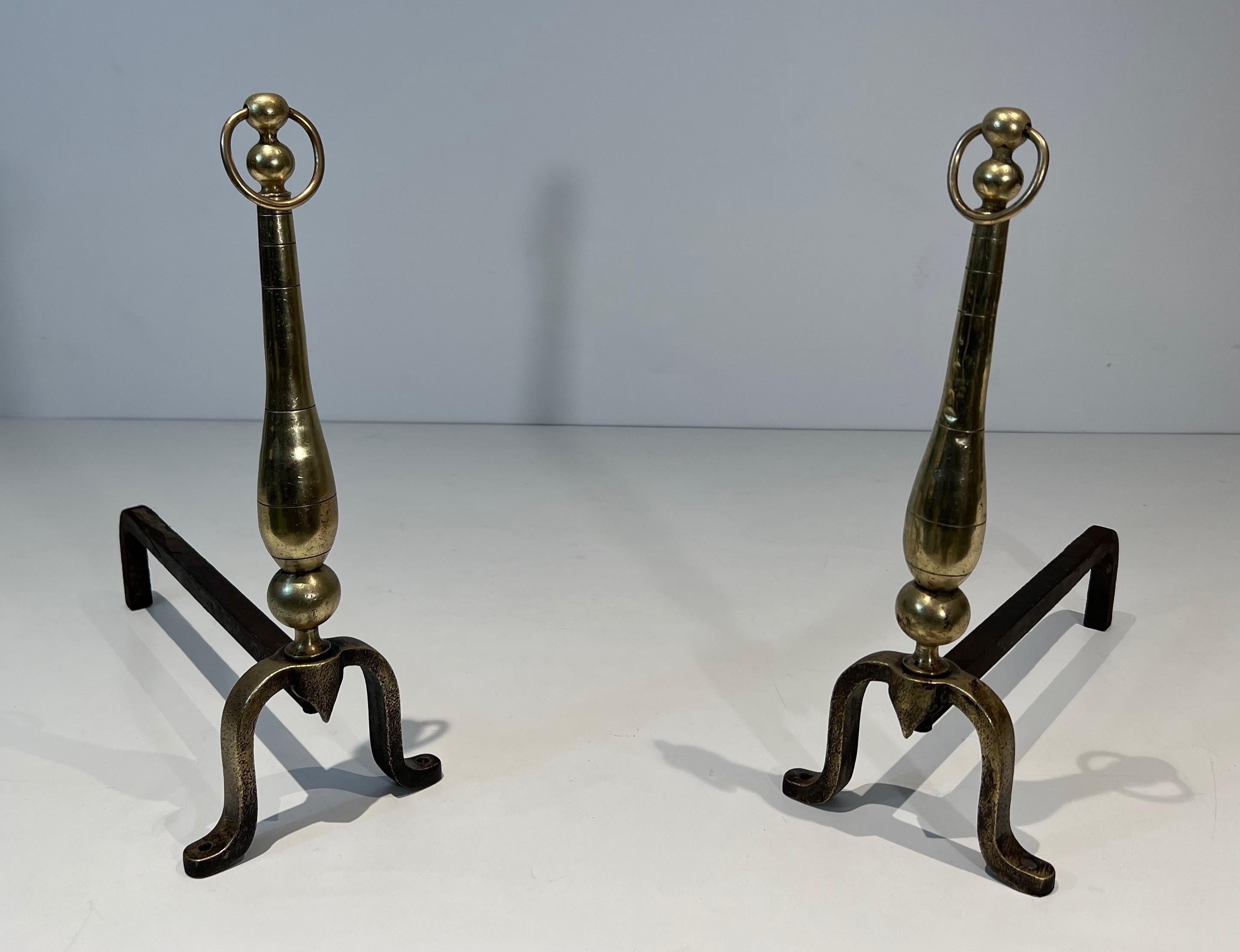 French Pair of Neoclassical Style Brass and Iron Andirons For Sale