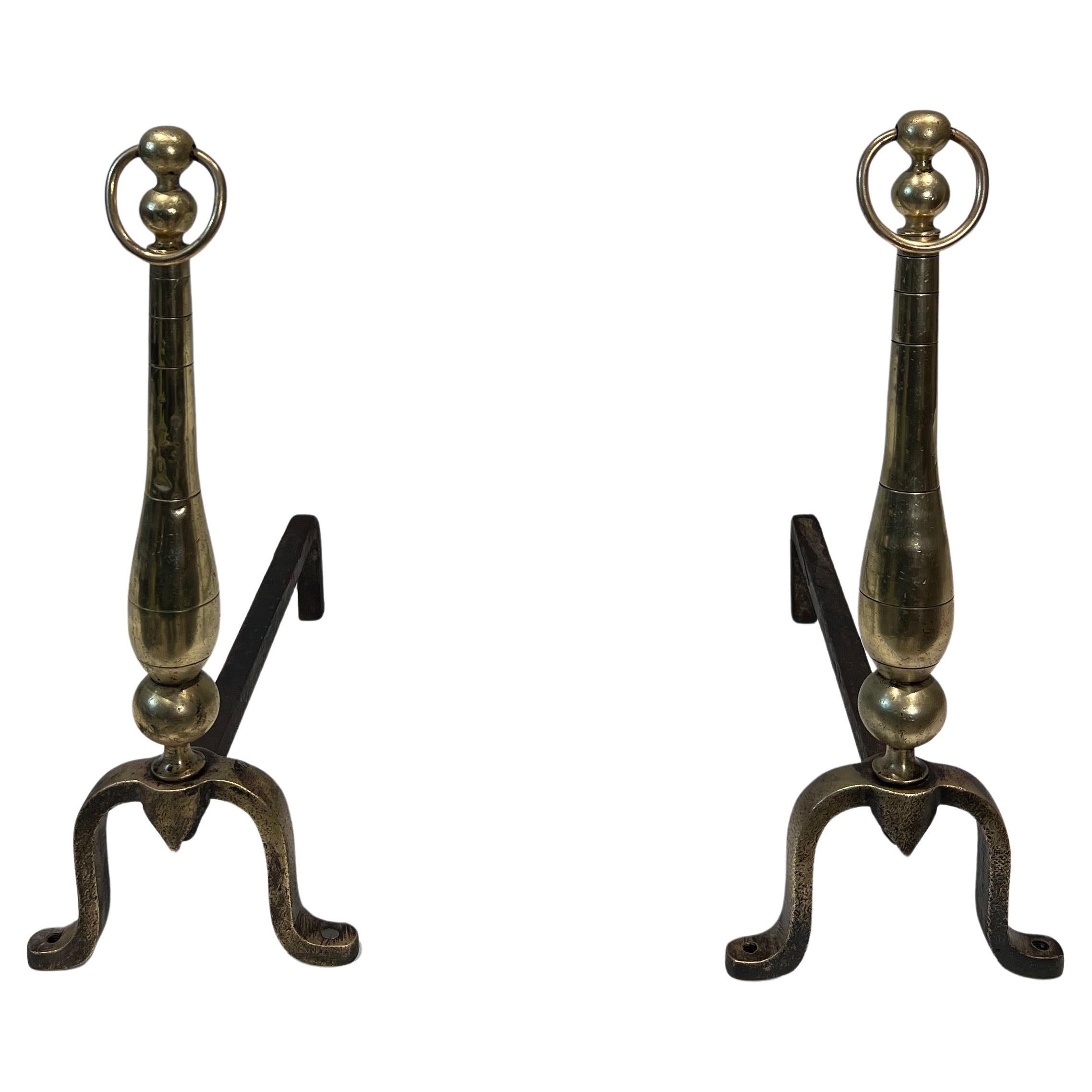 Pair of Neoclassical Style Brass and Iron Andirons For Sale