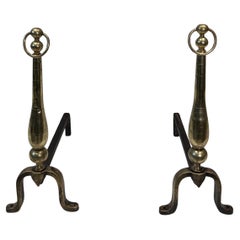 Vintage Pair of Neoclassical Style Brass and Iron Andirons