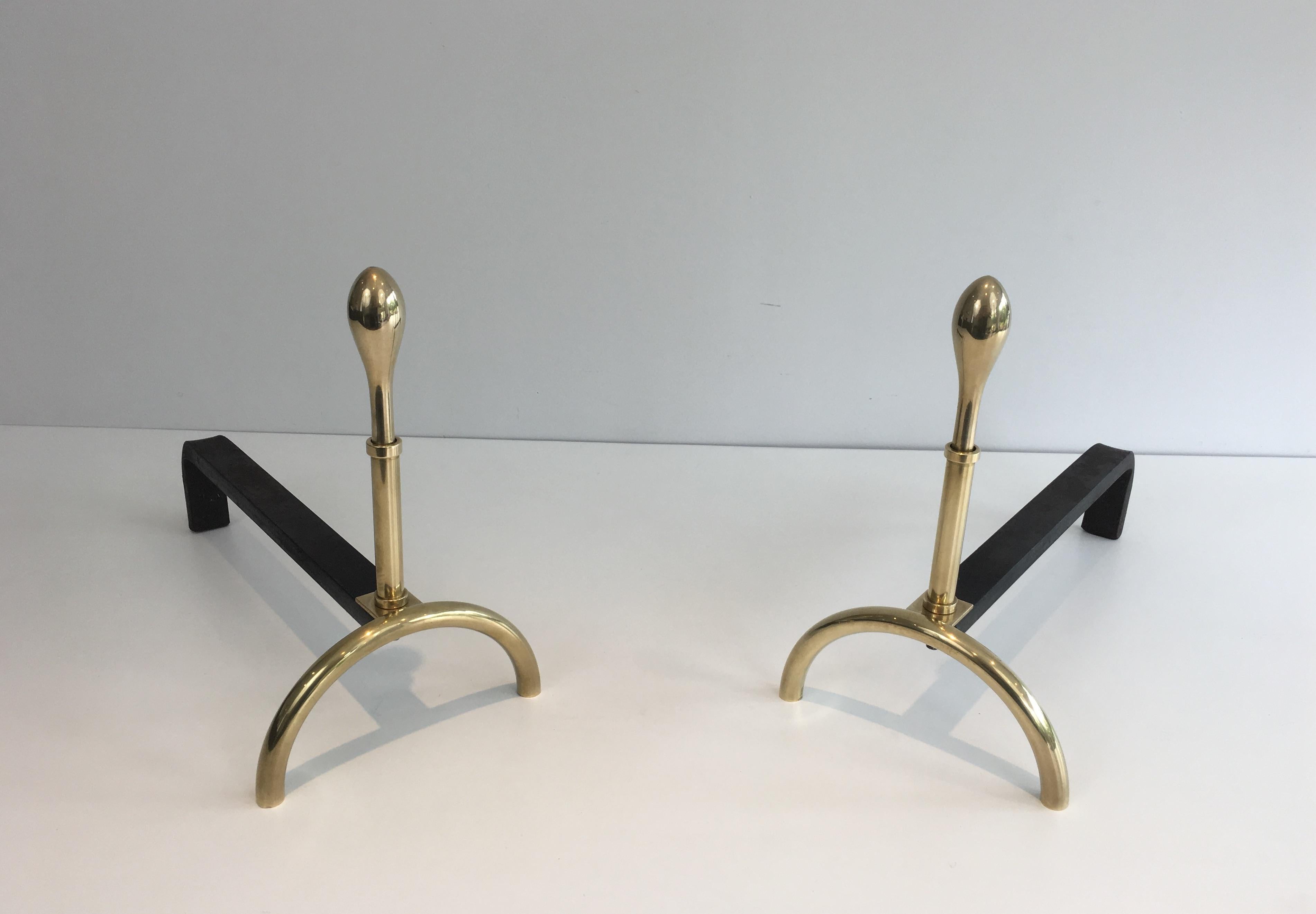 Pair of Neoclassical Style Brass and Iron Andirons, French, circa 1970 For Sale 7