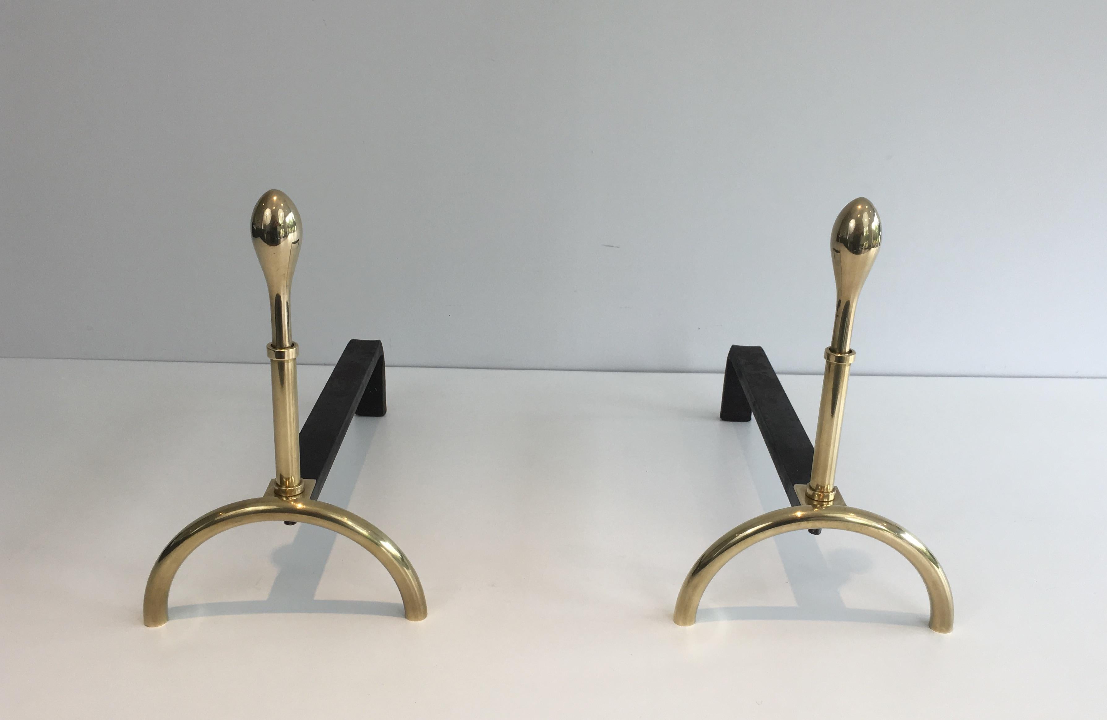 Pair of Neoclassical Style Brass and Iron Andirons, French, circa 1970 For Sale 12
