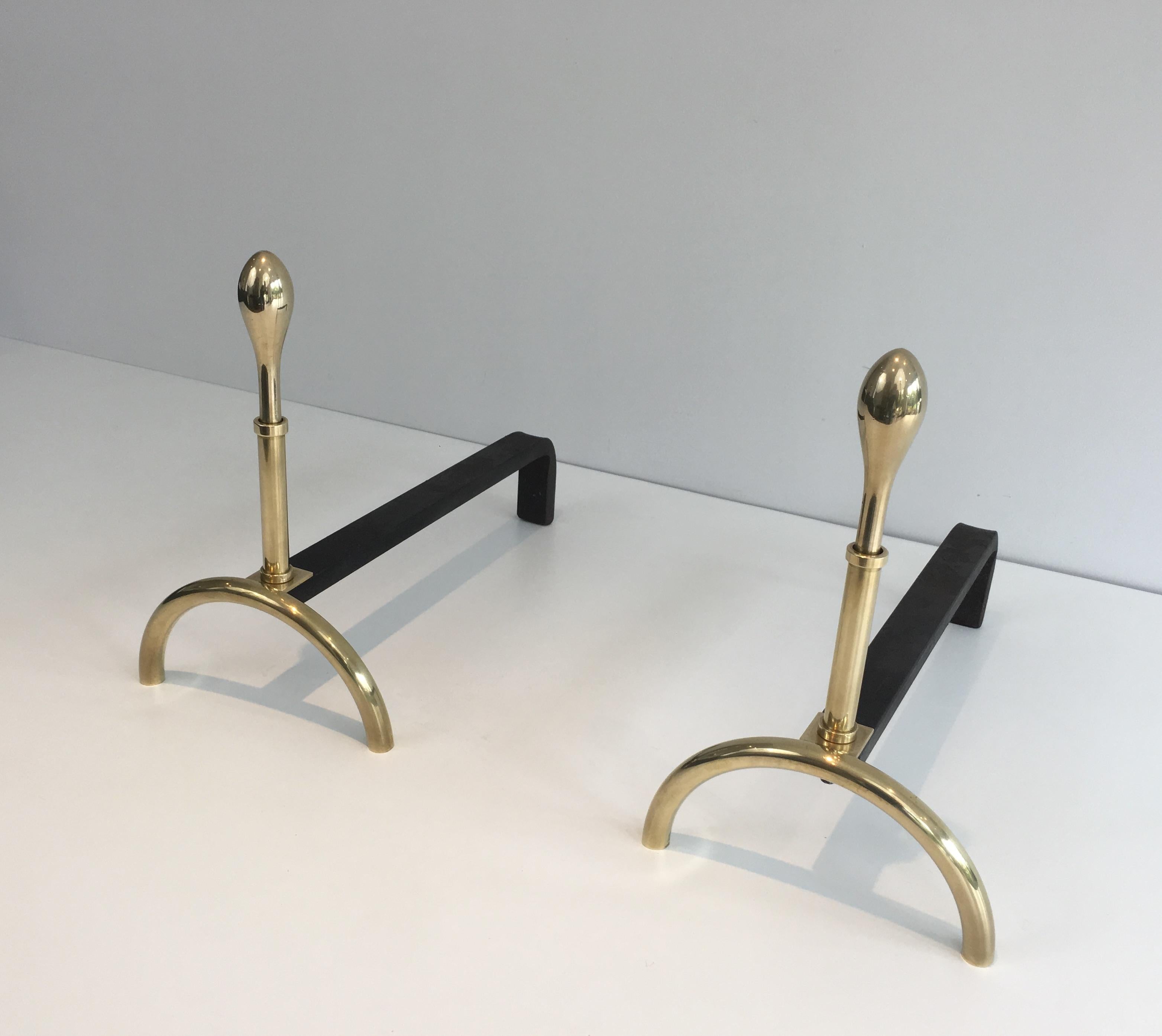 Pair of Neoclassical Style Brass and Iron Andirons, French, circa 1970 For Sale 13