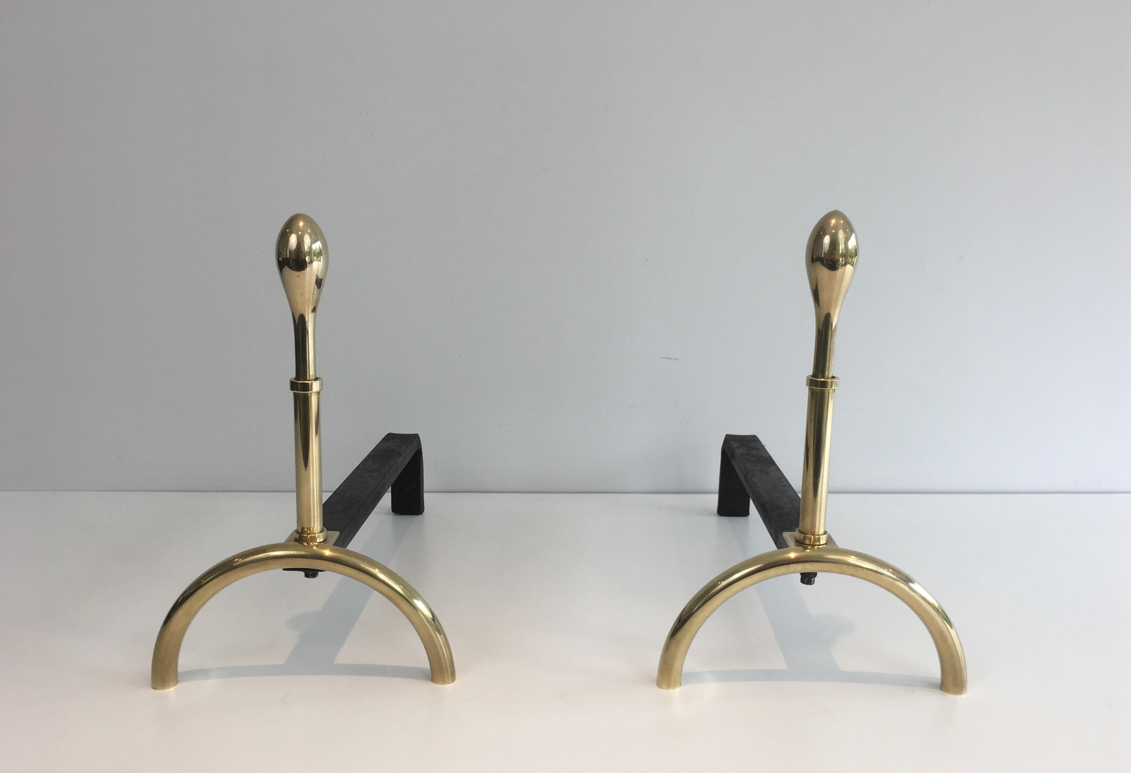 Mid-Century Modern Pair of Neoclassical Style Brass and Iron Andirons, French, circa 1970 For Sale