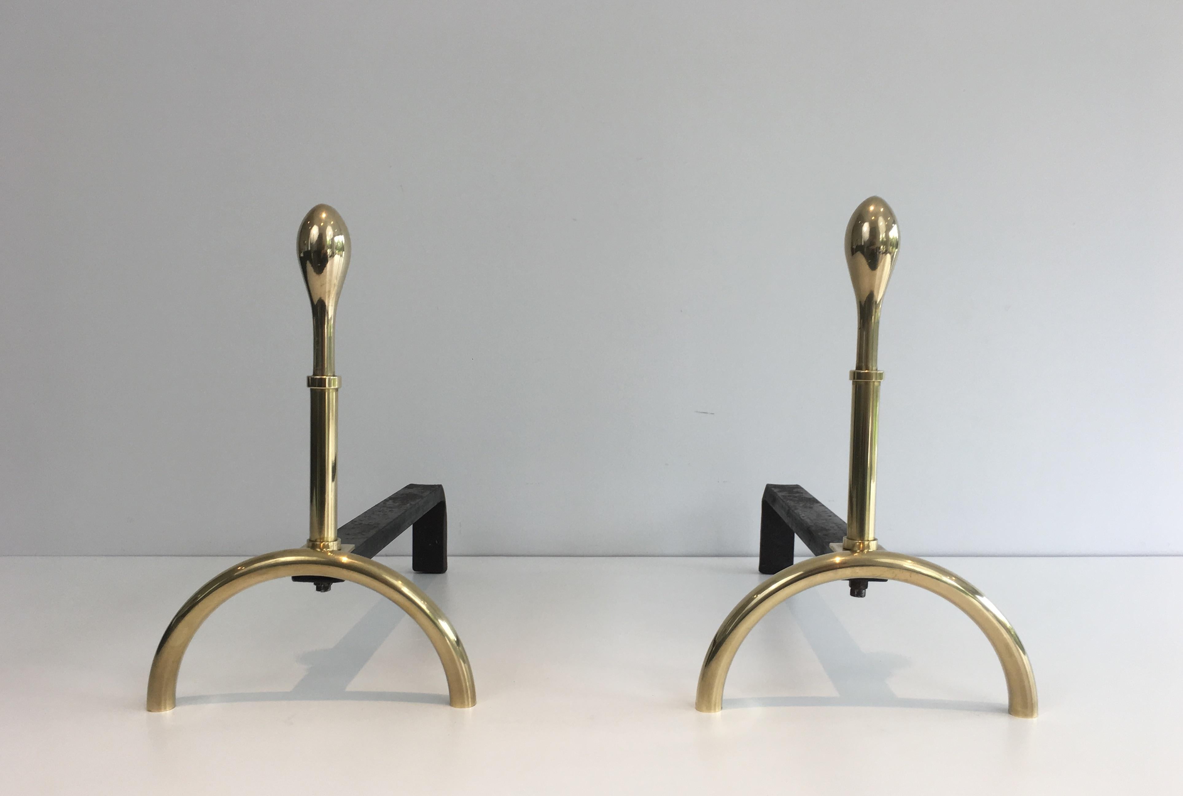 Pair of Neoclassical Style Brass and Iron Andirons, French, circa 1970 For Sale 4
