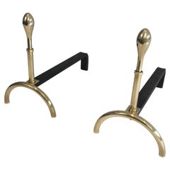 Pair of Neoclassical Style Brass and Iron Andirons, French, circa 1970