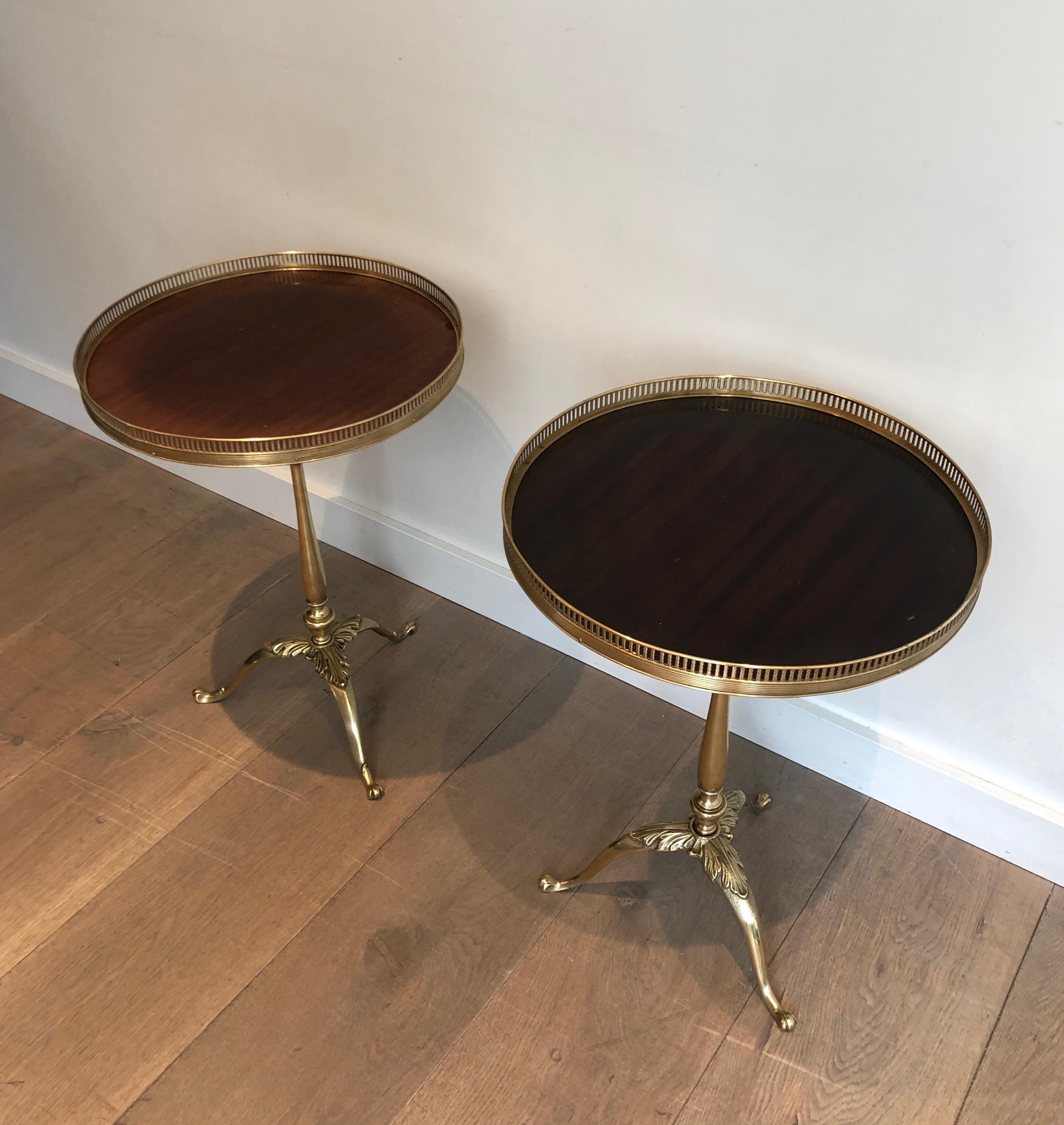 European Pair of Neoclassical Style Brass and Mahogany Side Tables