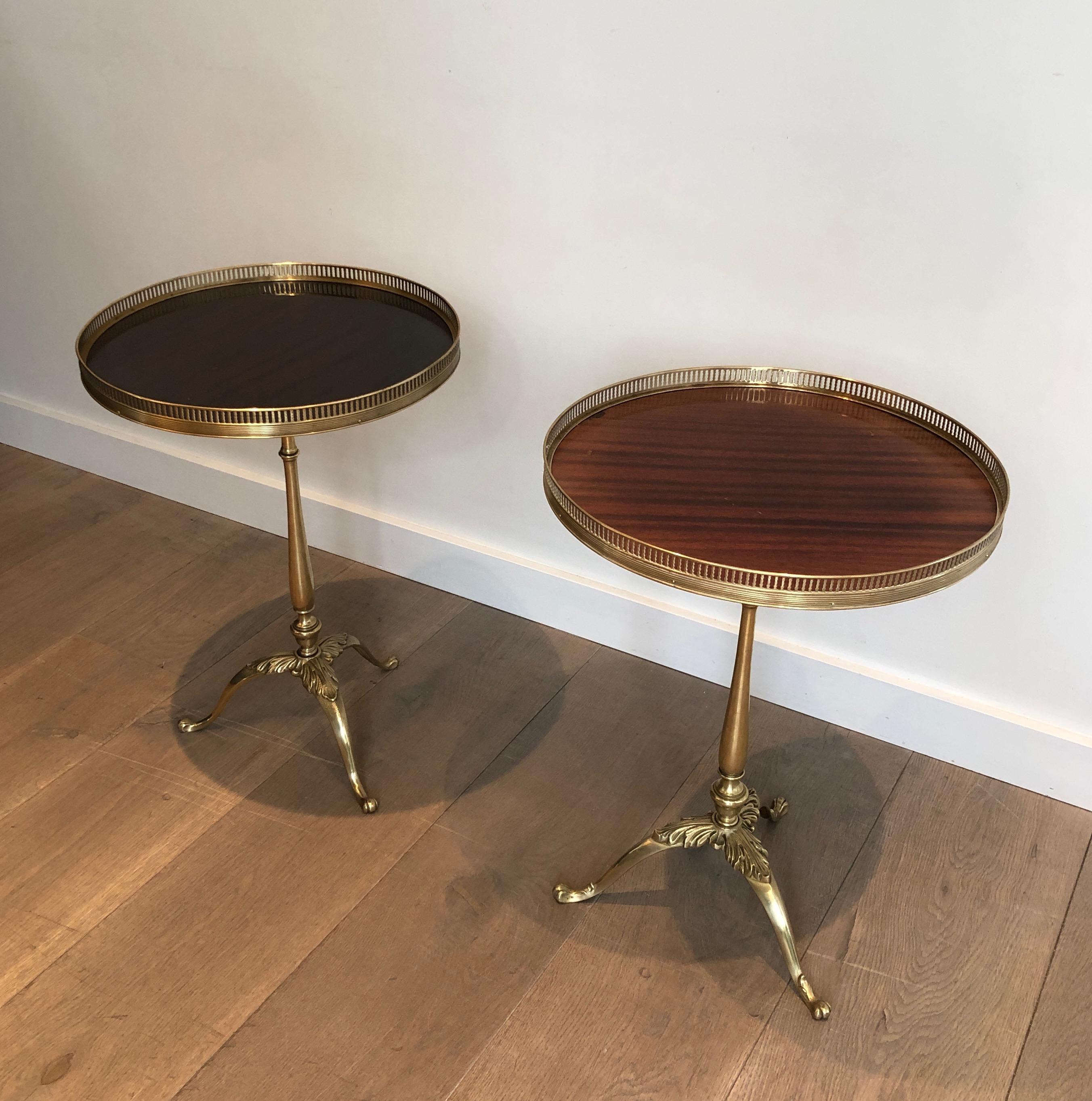 Mid-20th Century Pair of Neoclassical Style Brass and Mahogany Side Tables