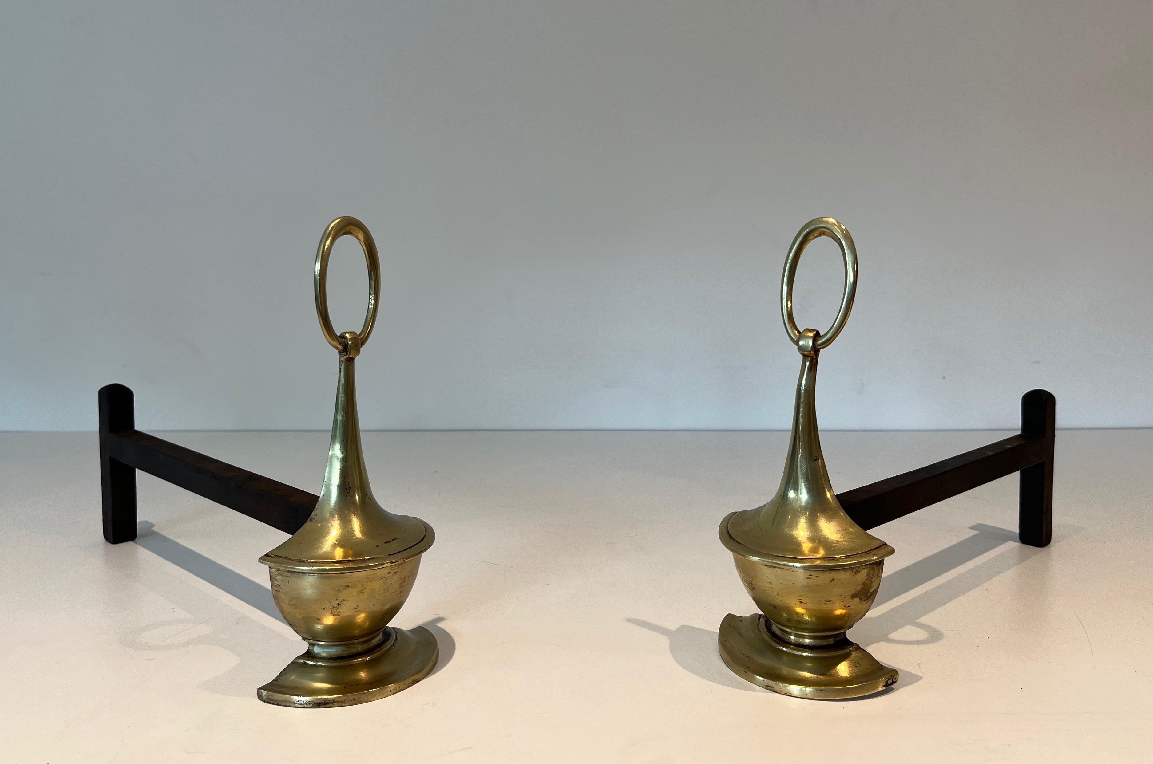 French Pair of Neoclassical style Brass Andirons For Sale