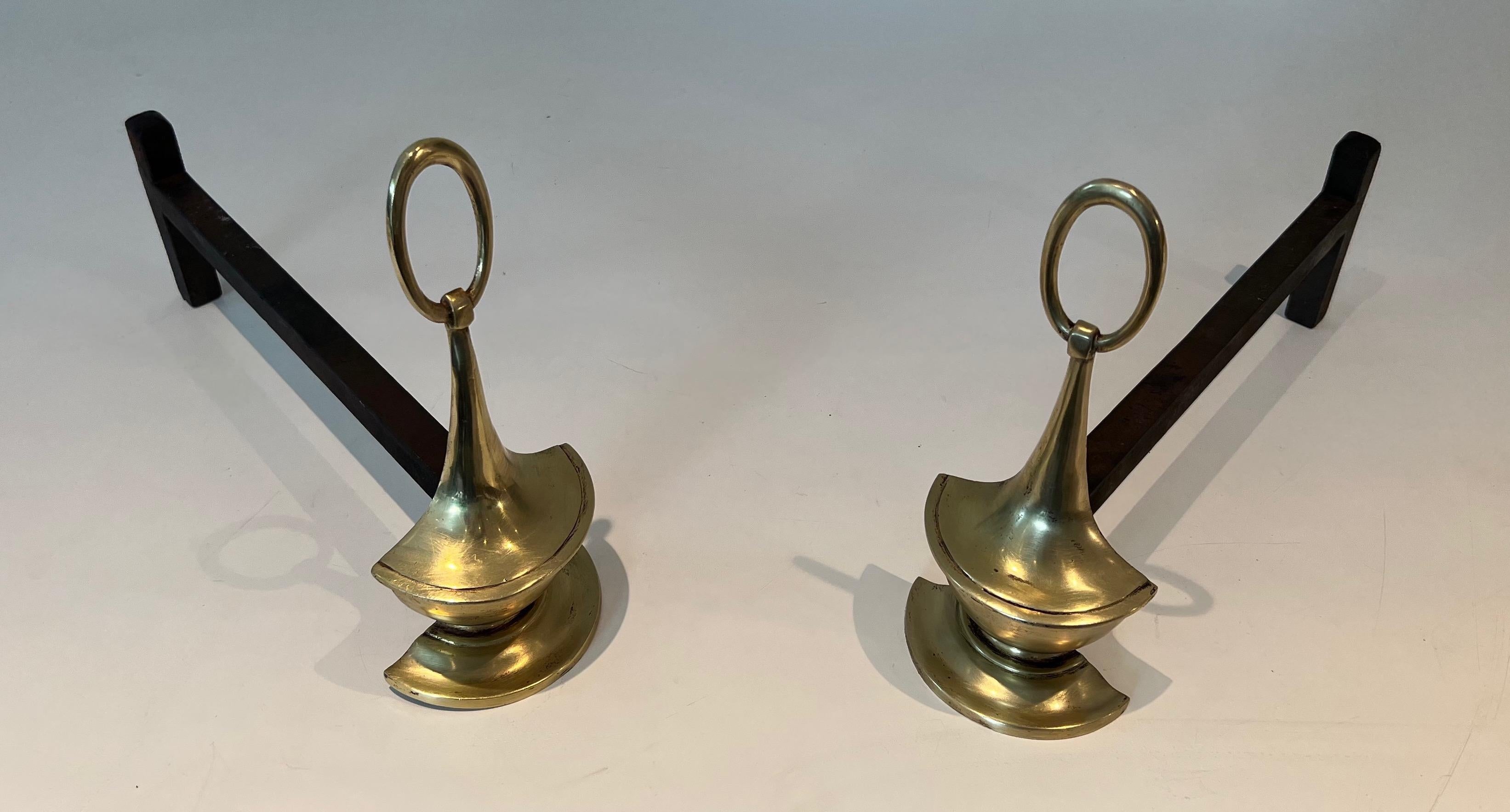 Mid-20th Century Pair of Neoclassical style Brass Andirons For Sale