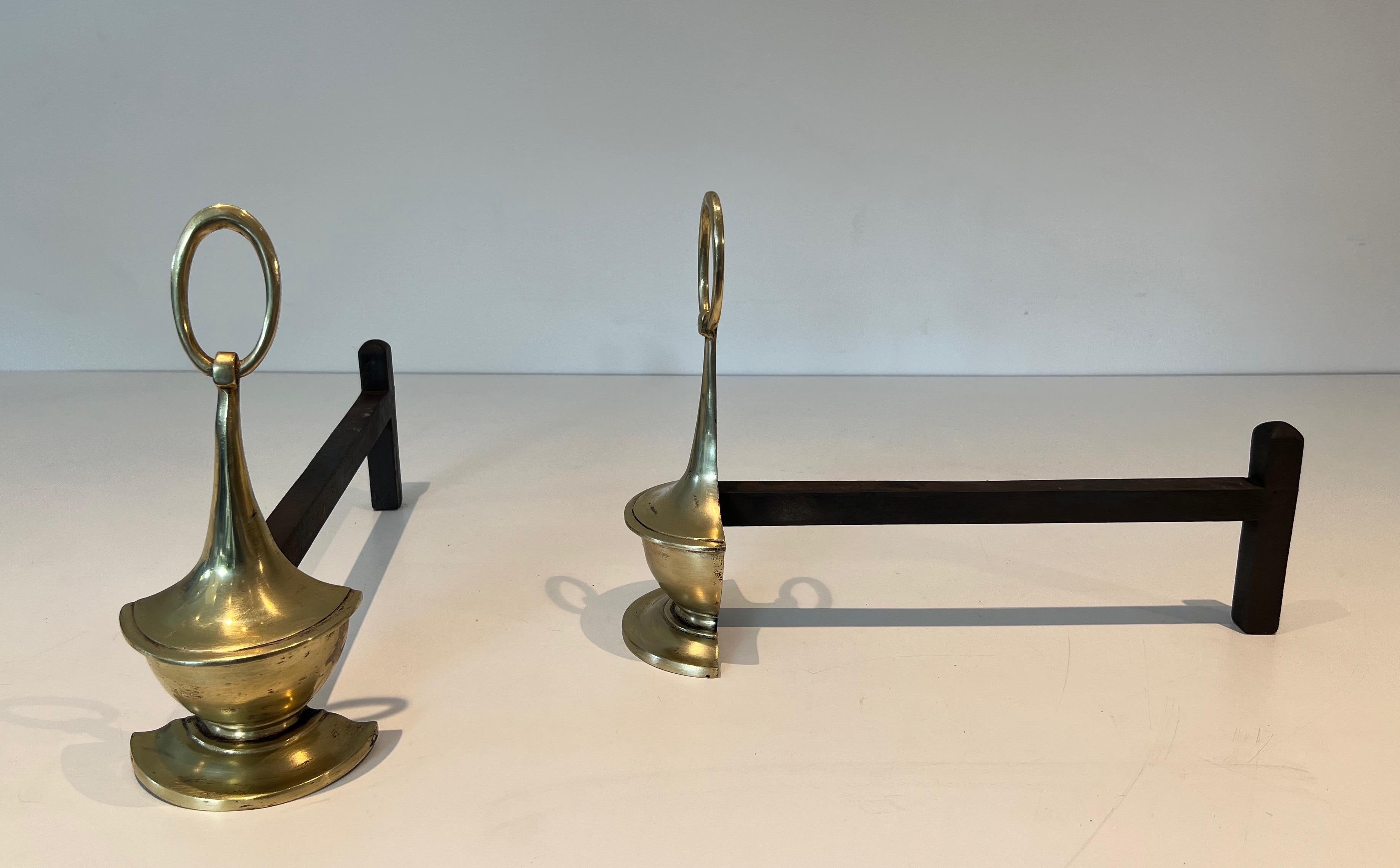 Pair of Neoclassical style Brass Andirons For Sale 2