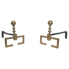 Antique Pair of neoclassical style brass andirons. French work . Circa 1900