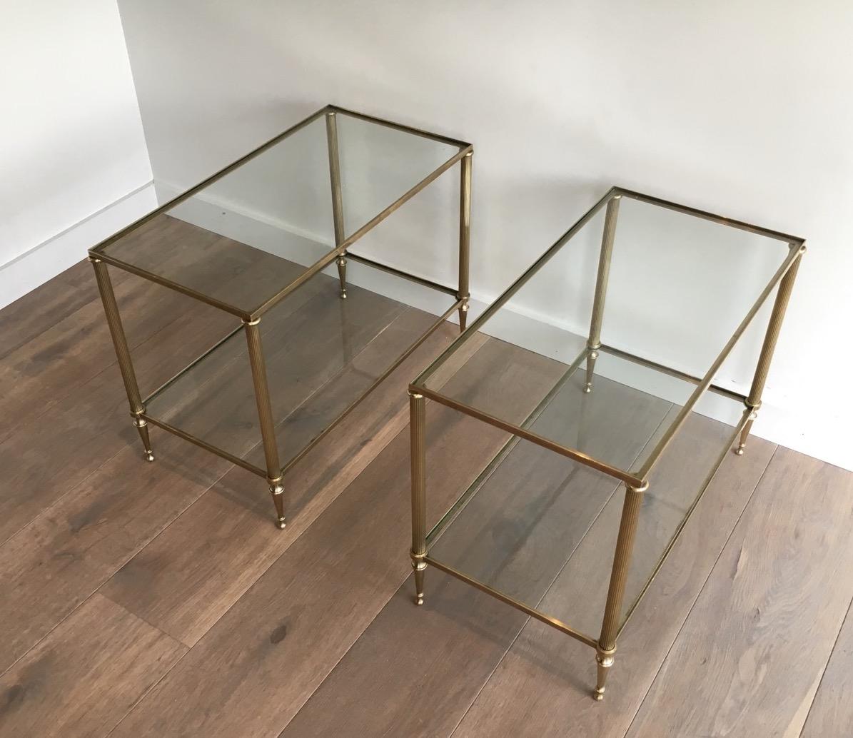 Mid-20th Century Pair of Neoclassical Style Brass Side Tables Attributed to Maison Jansen For Sale