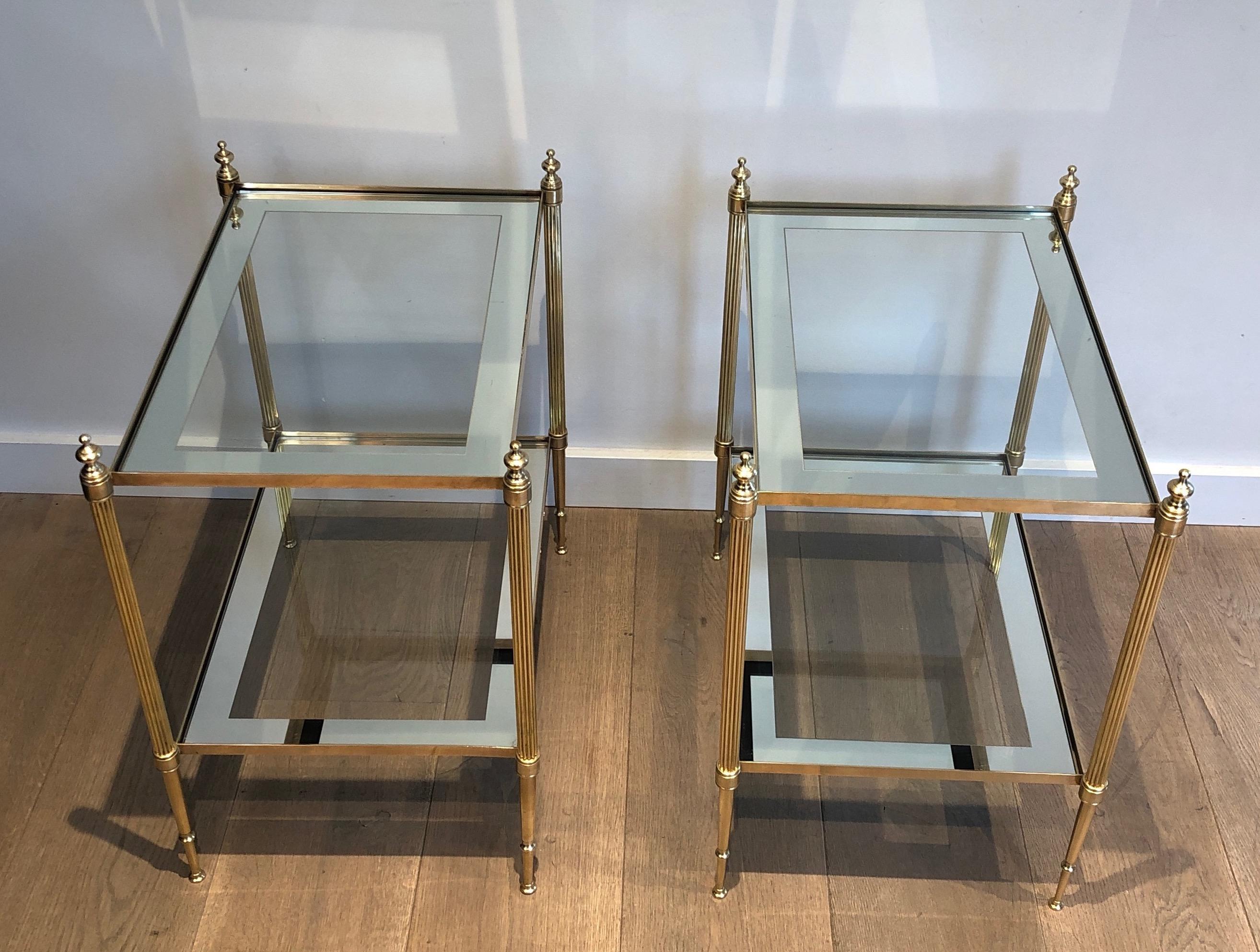 Silvered Pair of Neoclassical Style Brass Side Tables by Maison Jansen