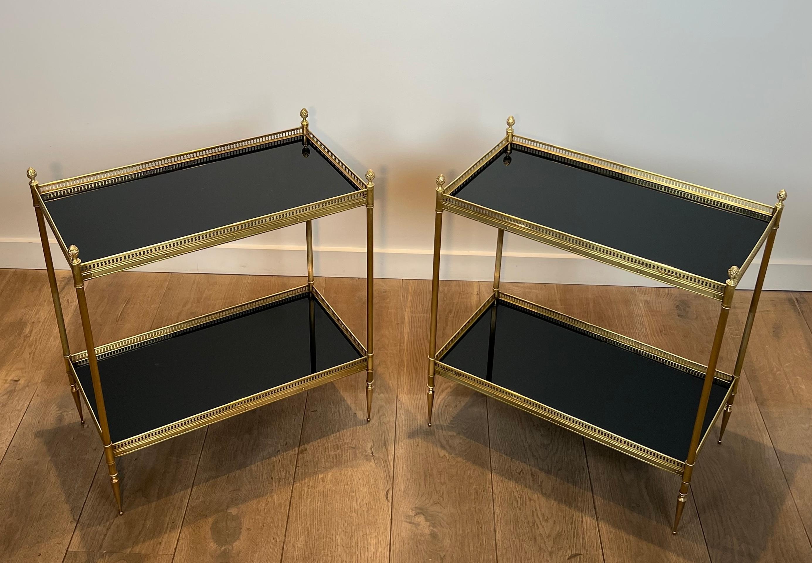 Pair of Neoclassical Style Brass Side Tables with Black Lacquered Tops by Maison 7